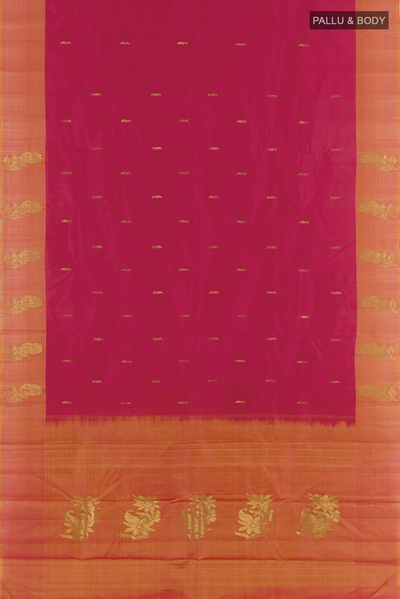 Flat view of Red Kanjivaram Silk Saree with Zari Butta on the body and Zari Border. 