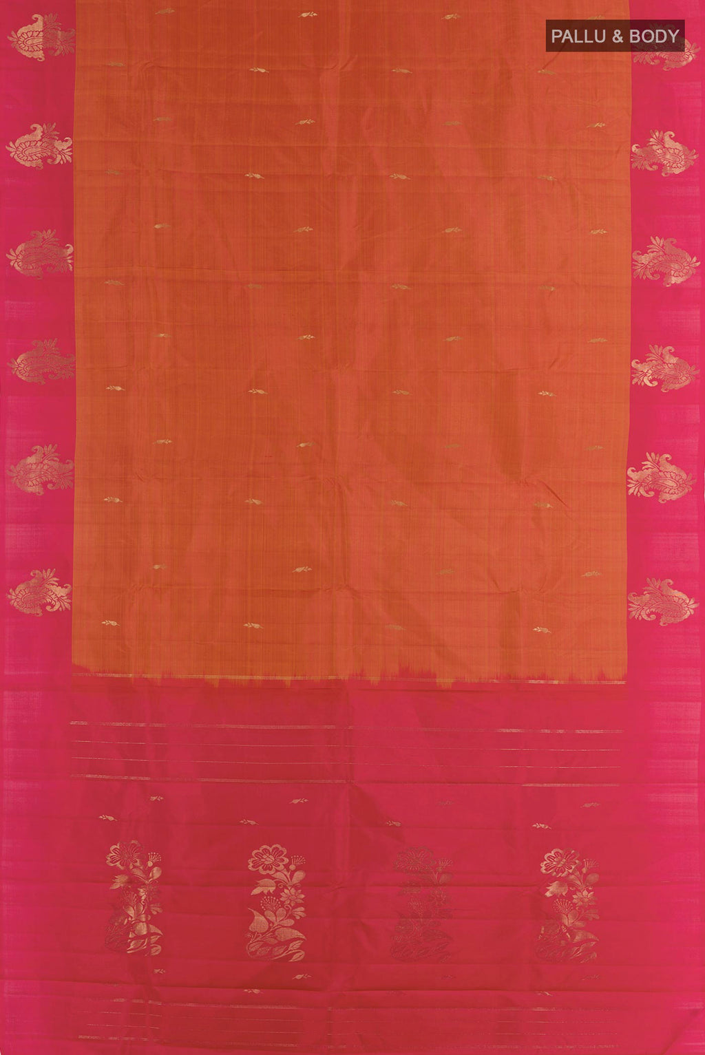 Flat view of Brick Orange Kanjivaram Silk Saree with Zari Butta on the body and Zari Border. 