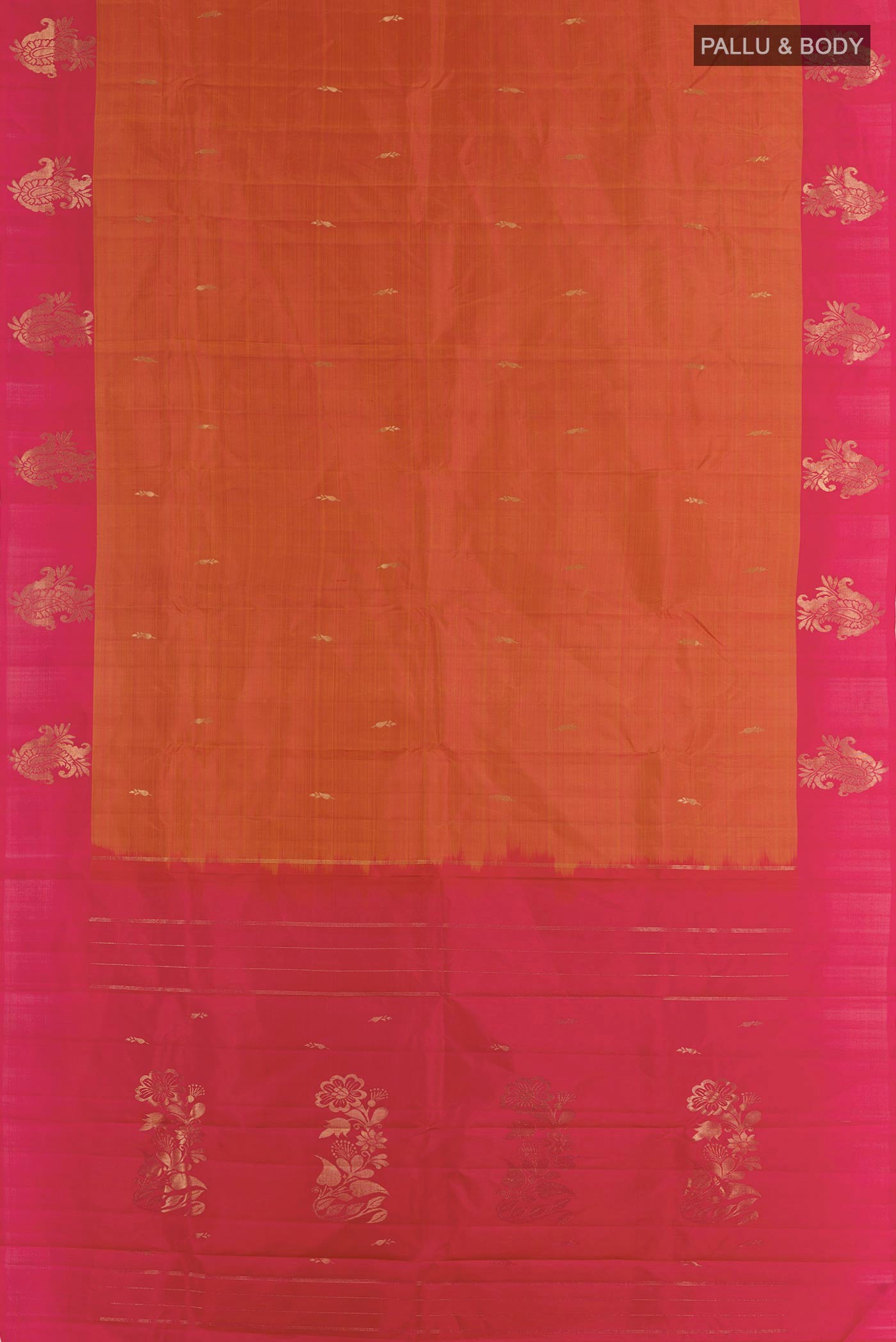 Flat view of Brick Orange Kanjivaram Silk Saree with Zari Butta on the body and Zari Border. 