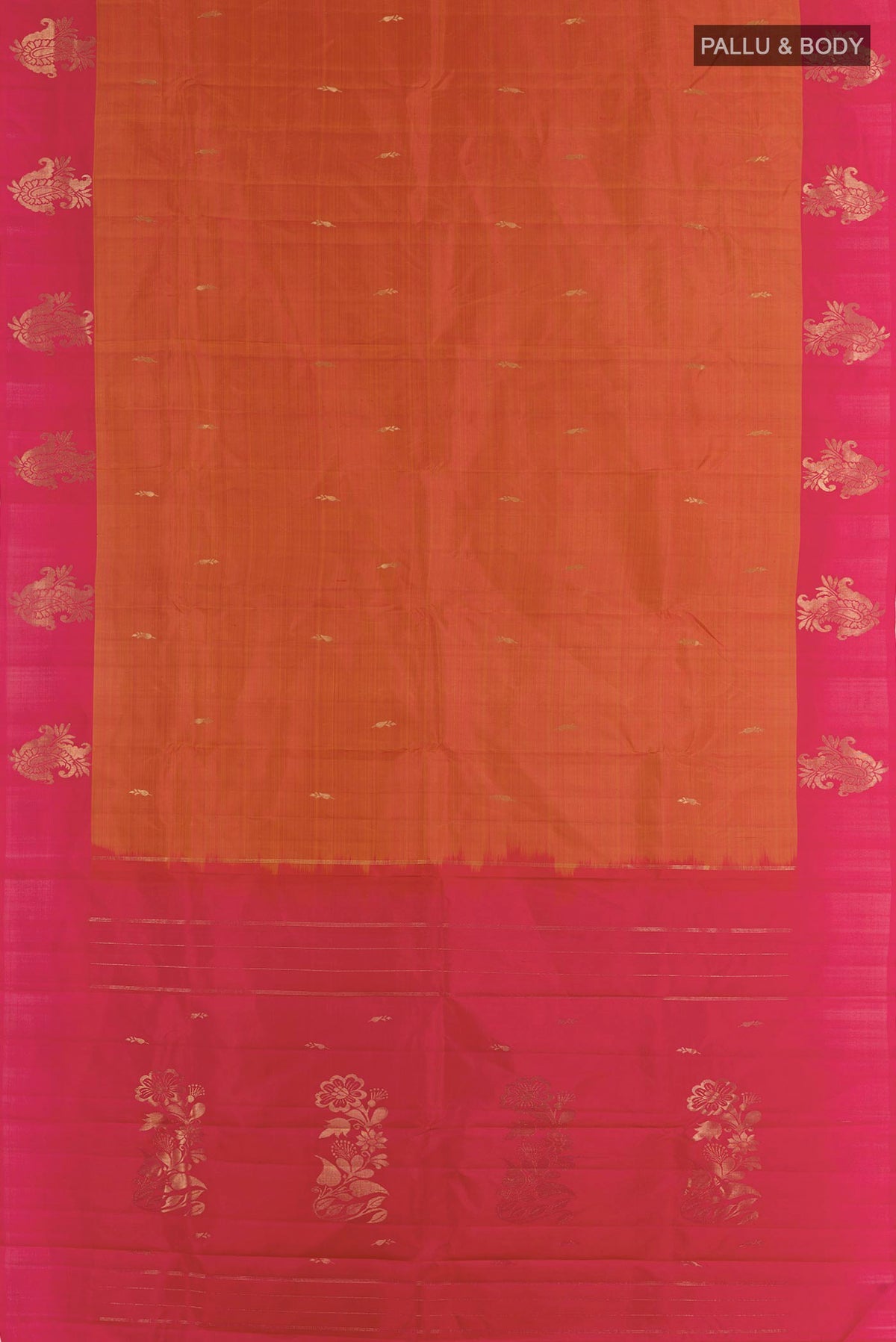 Flat view of Brick Orange Kanjivaram Silk Saree with Zari Butta on the body and Zari Border. 