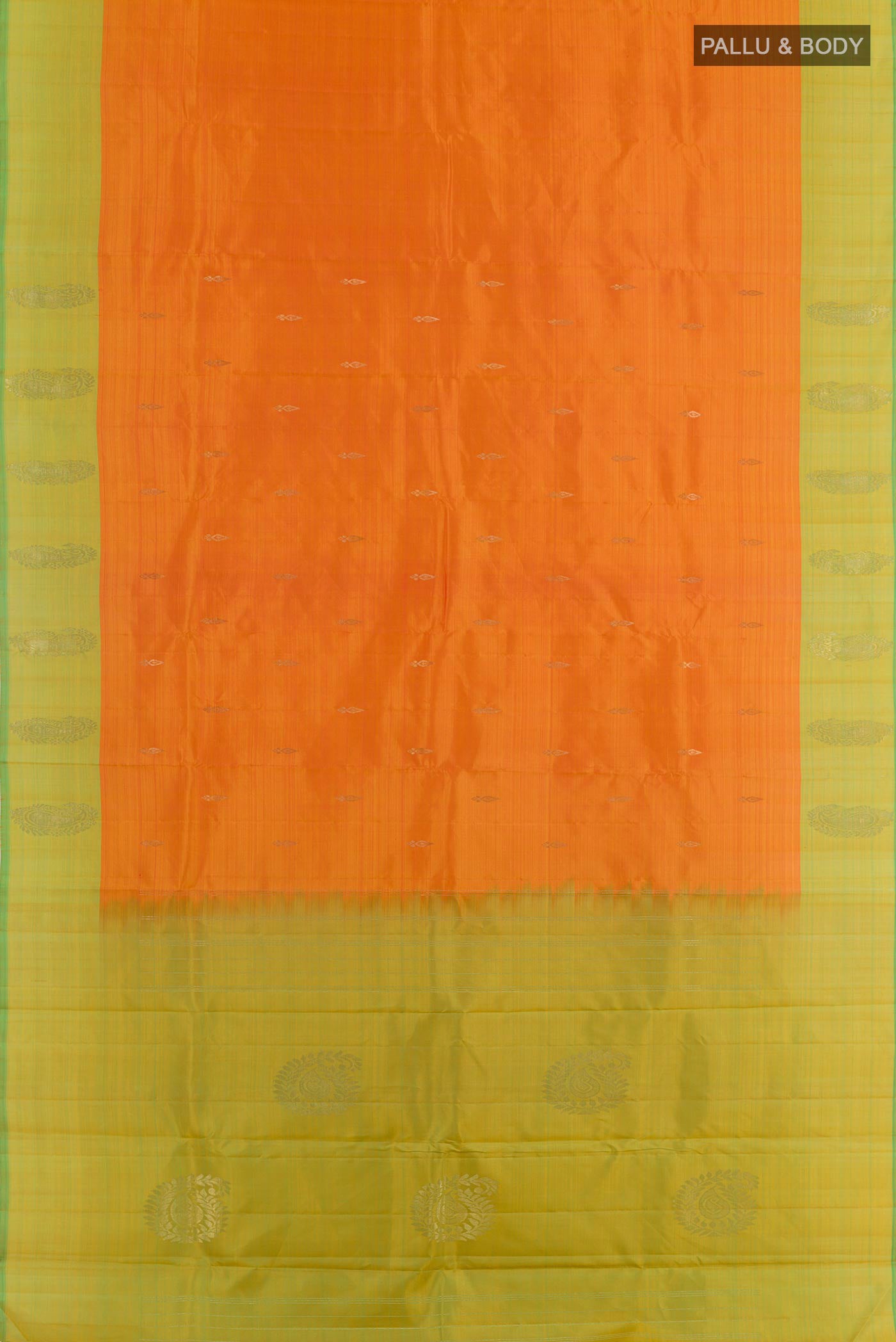Flat view of Orange Kanjivaram Silk Saree with Zari Brocade on the body and Zari Border. 