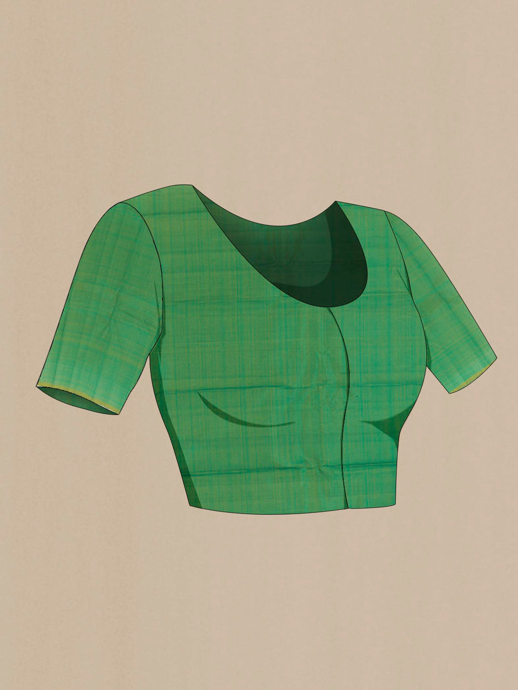 Close up image of the blouse of Green Kanjivaram Silk Saree with Zari Butta on the body and Zari Border. 