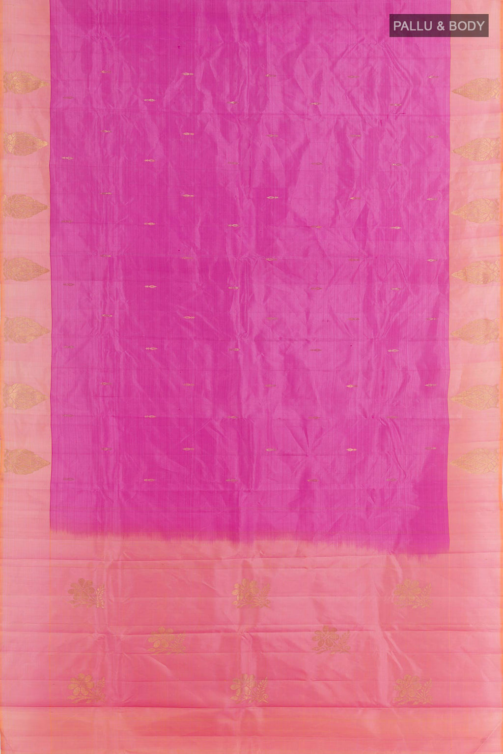 Flat view of Pink Kanjivaram Silk Saree with Zari Butta on the body and Zari Border. 