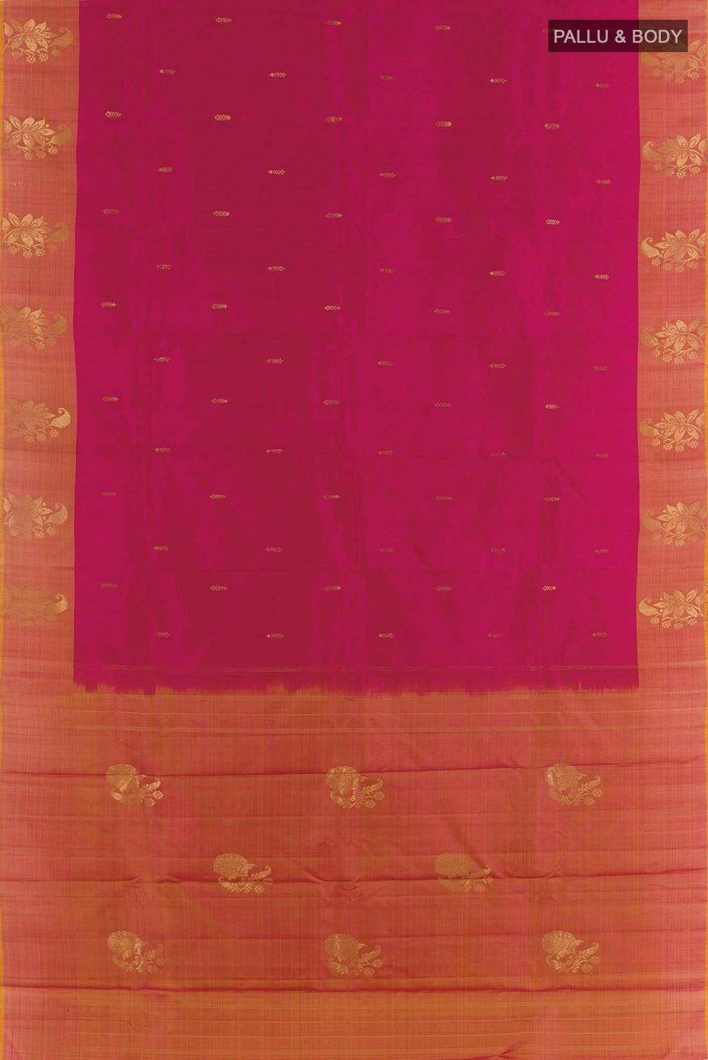 Flat view of Rani Pink Kanjivaram Saree with Zari Butta on the body and Zari Border. 