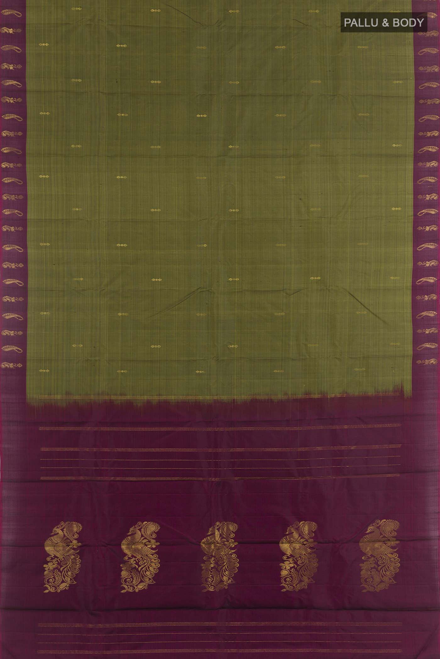 Flat view of Mehandi Green Kanchipuram Silk Saree with Zari Butta on the body and Zari Border. 