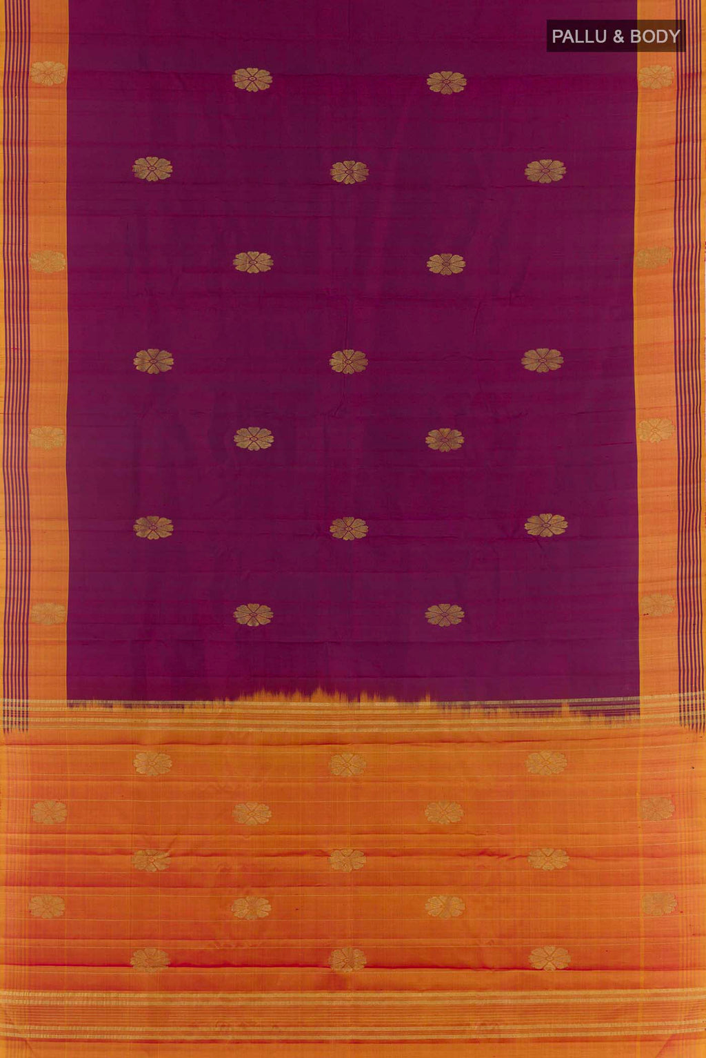 Flat view of Purple Kanchipuram Silk Saree with Zari Butta on the body and Zari Border. 