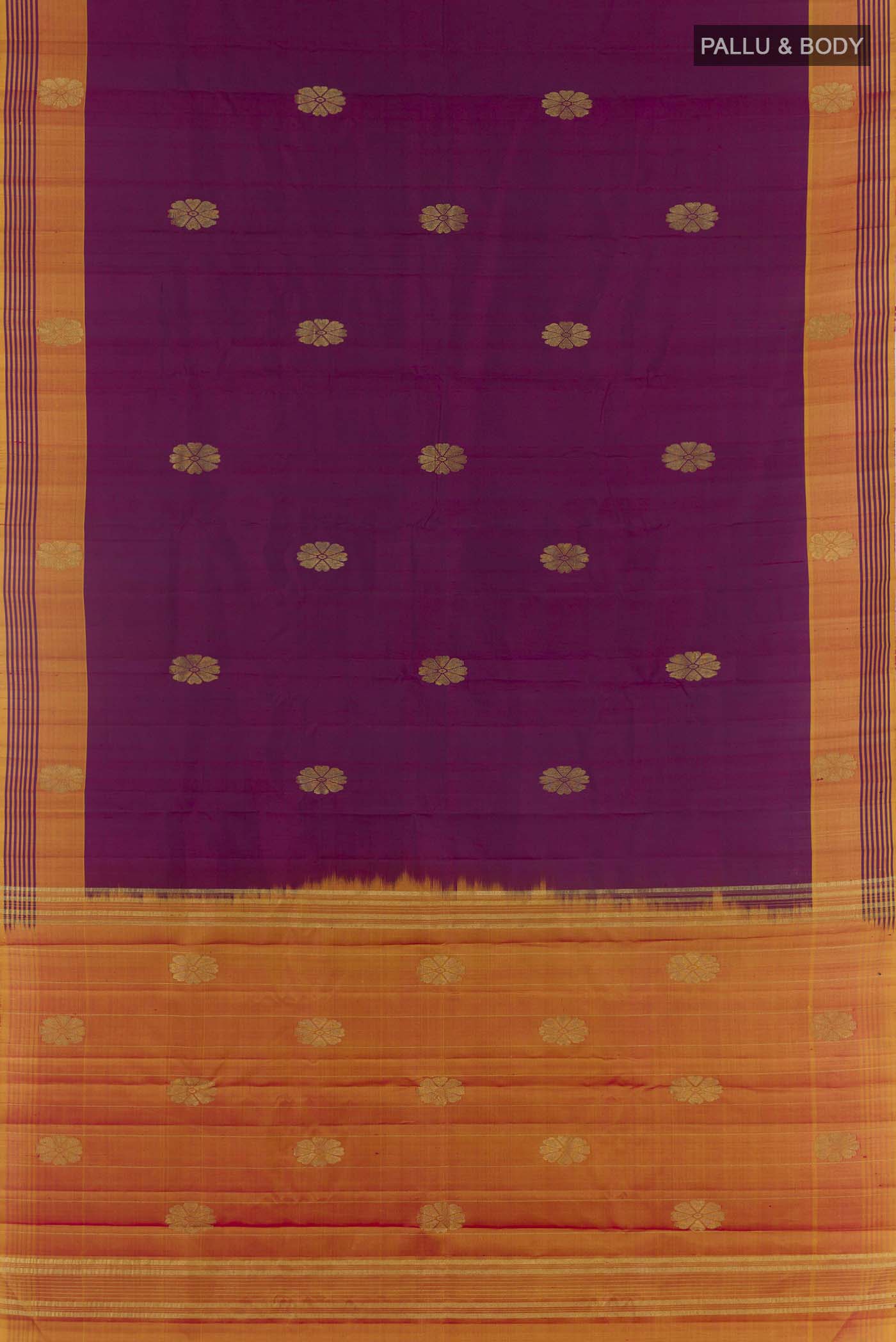 Flat view of Purple Kanchipuram Silk Saree with Zari Butta on the body and Zari Border. 