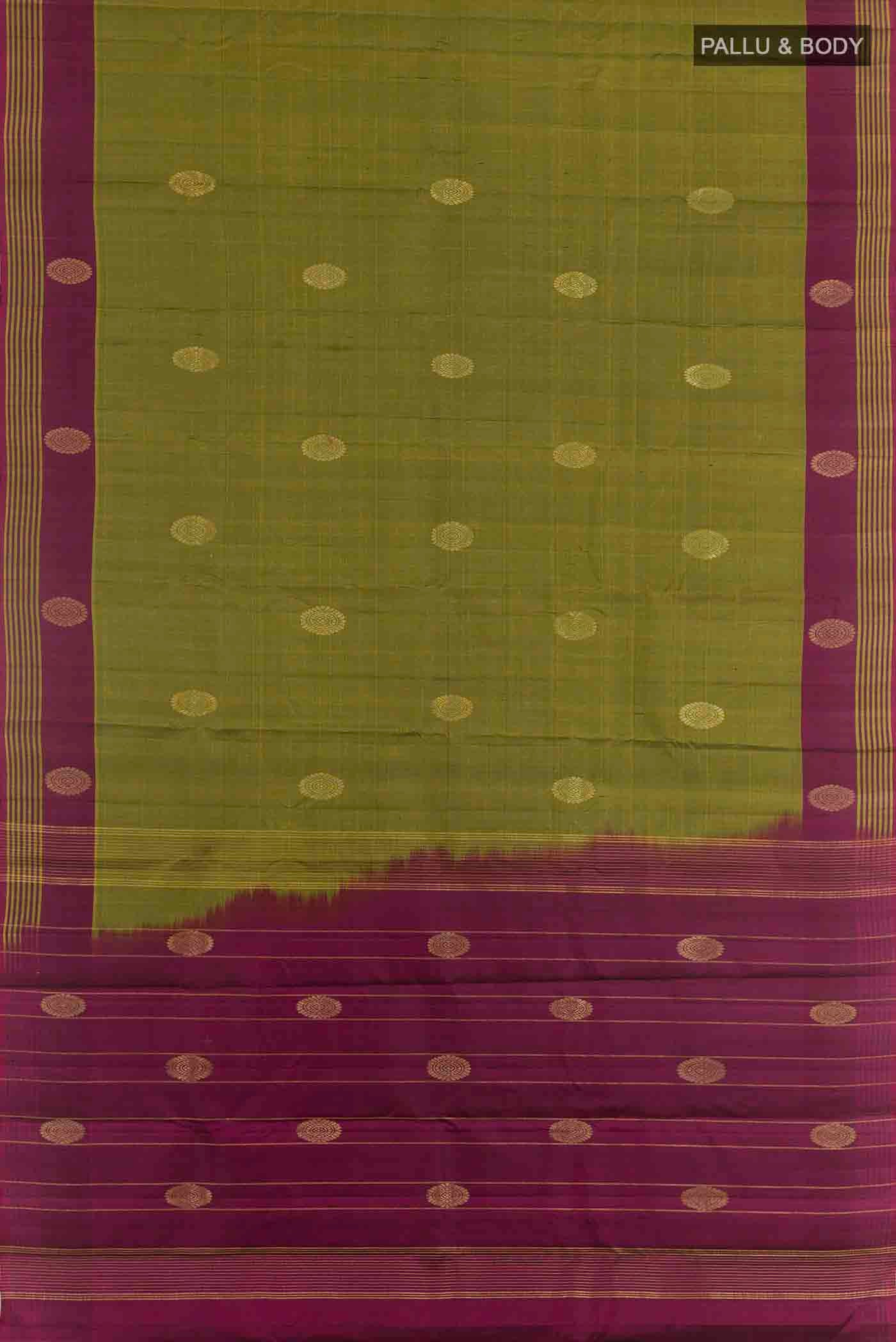 Flat view of Mehandi Green Kanchipuram Silk Saree with Zari Butta on the body and Zari Border. 