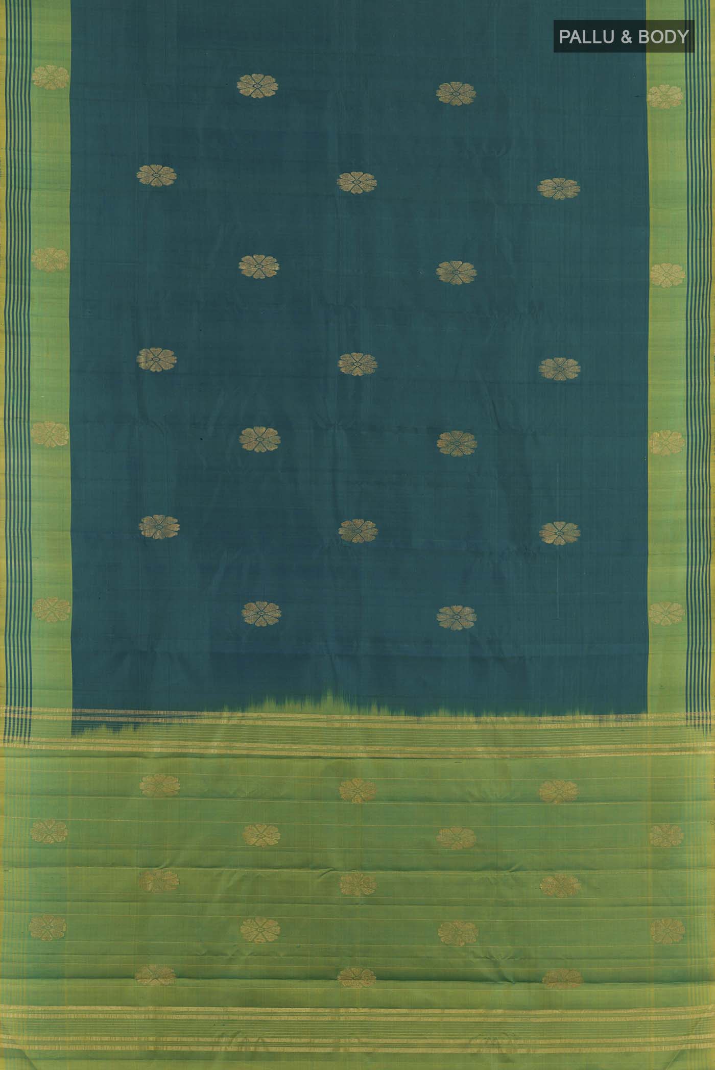 Flat view of Bottle Green Kanchipuram Silk Saree with Zari Butta on the body and Zari Border. 