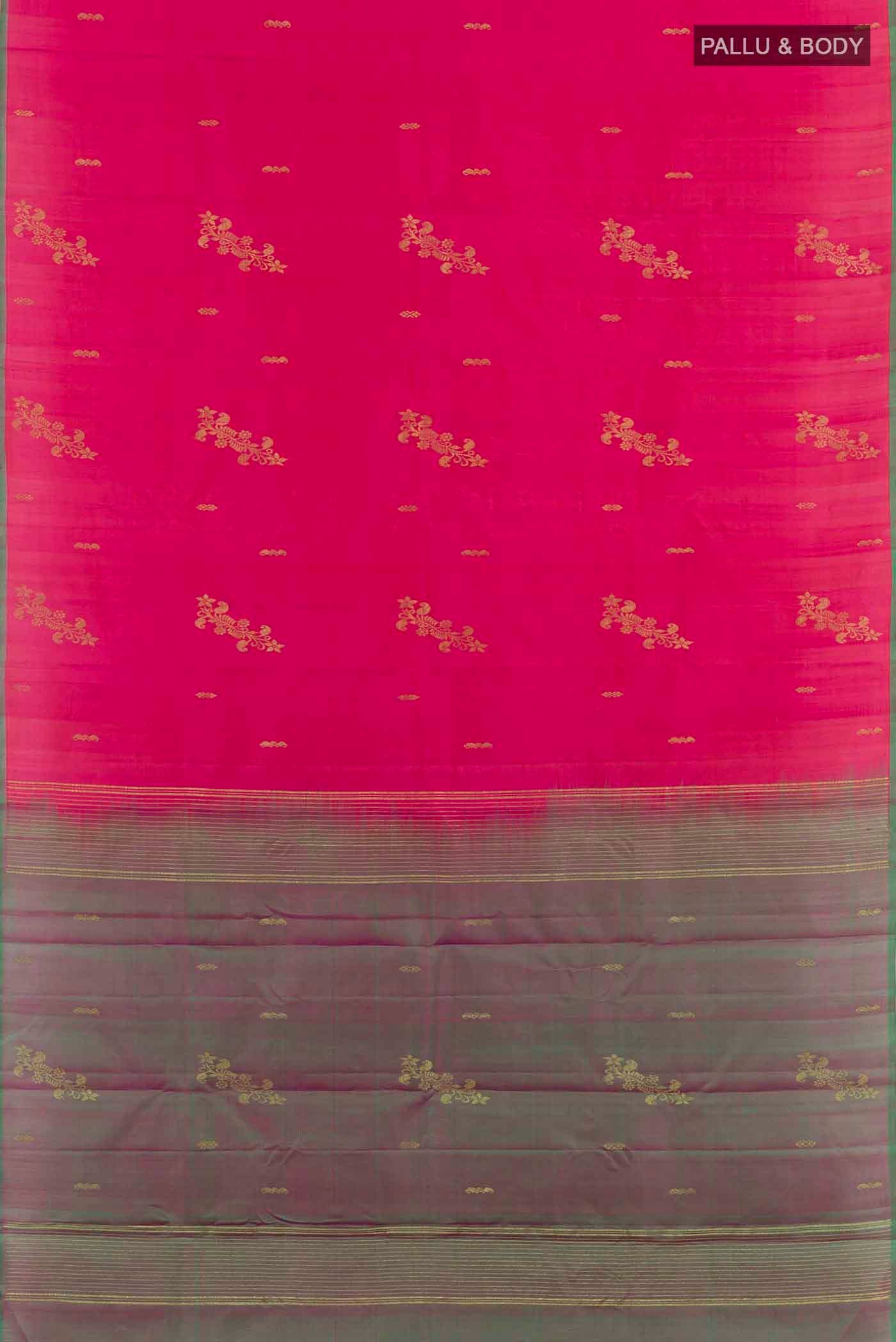 Flat view of Pink Kanchipuram Saree with Zari Butta on the body and Zari Border. 