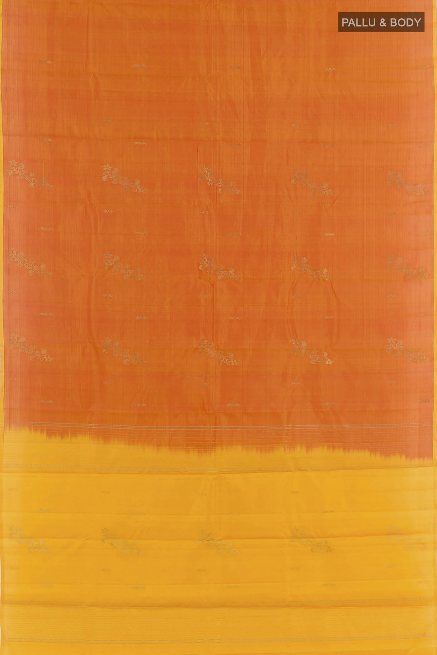 Flat view of Mustard Kanchipuram Silk Saree with Zari Butta on the body and Zari Border. 