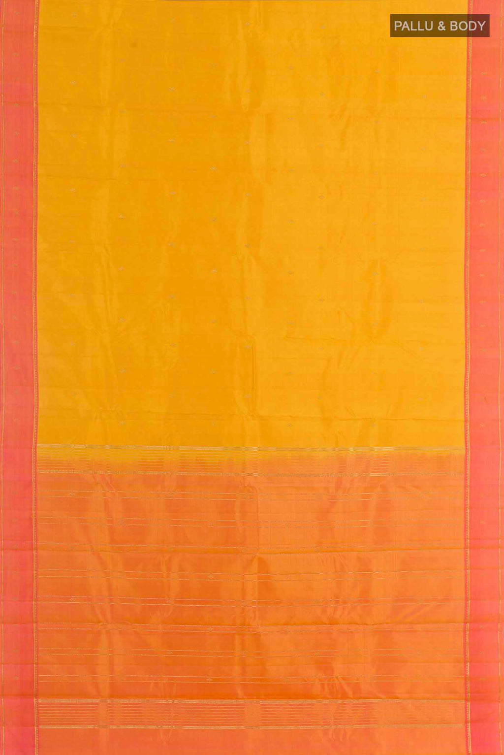 Flat view of Yellow Kanchipuram Silk Saree with Zari Butta on the body and Zari Border. 