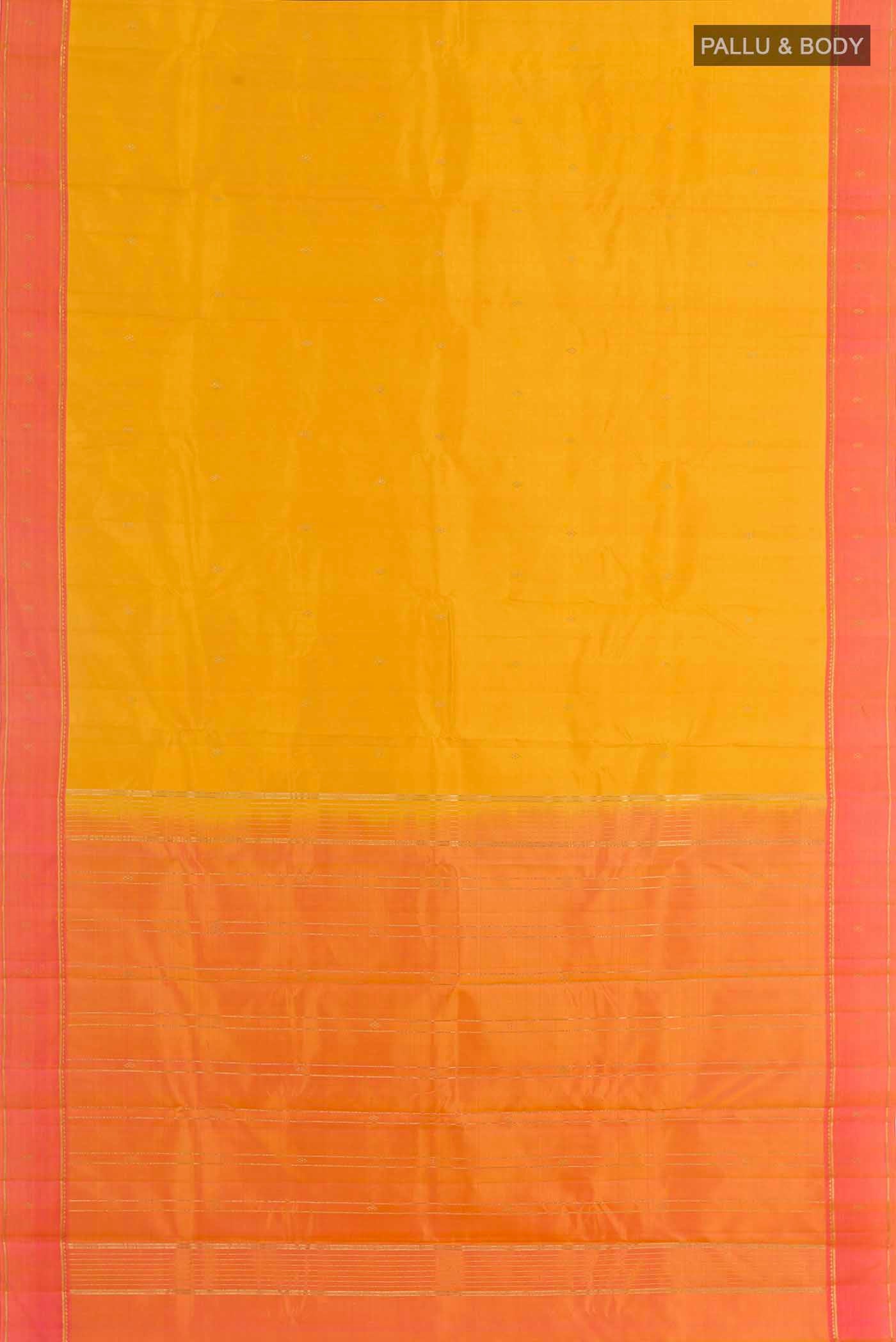 Flat view of Yellow Kanchipuram Silk Saree with Zari Butta on the body and Zari Border. 