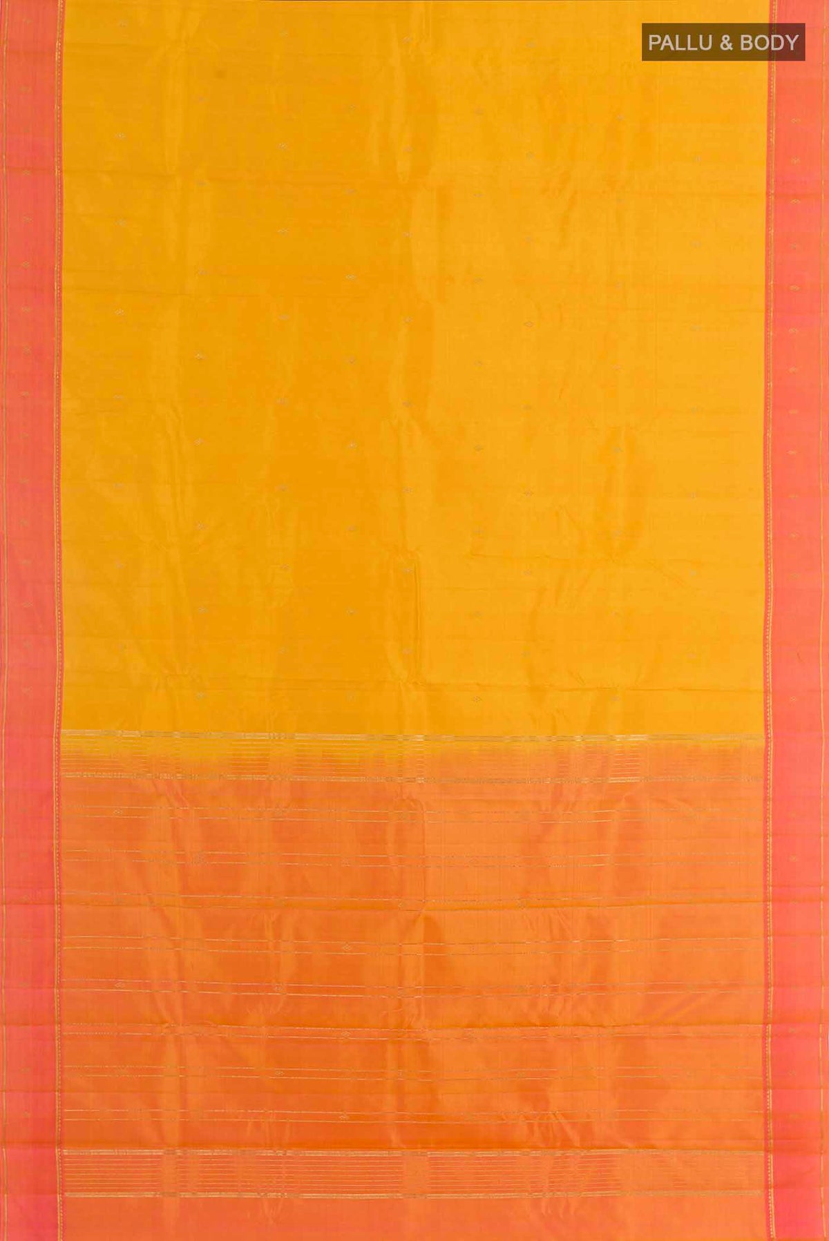 Flat view of Yellow Kanchipuram Silk Saree with Zari Butta on the body and Zari Border. 