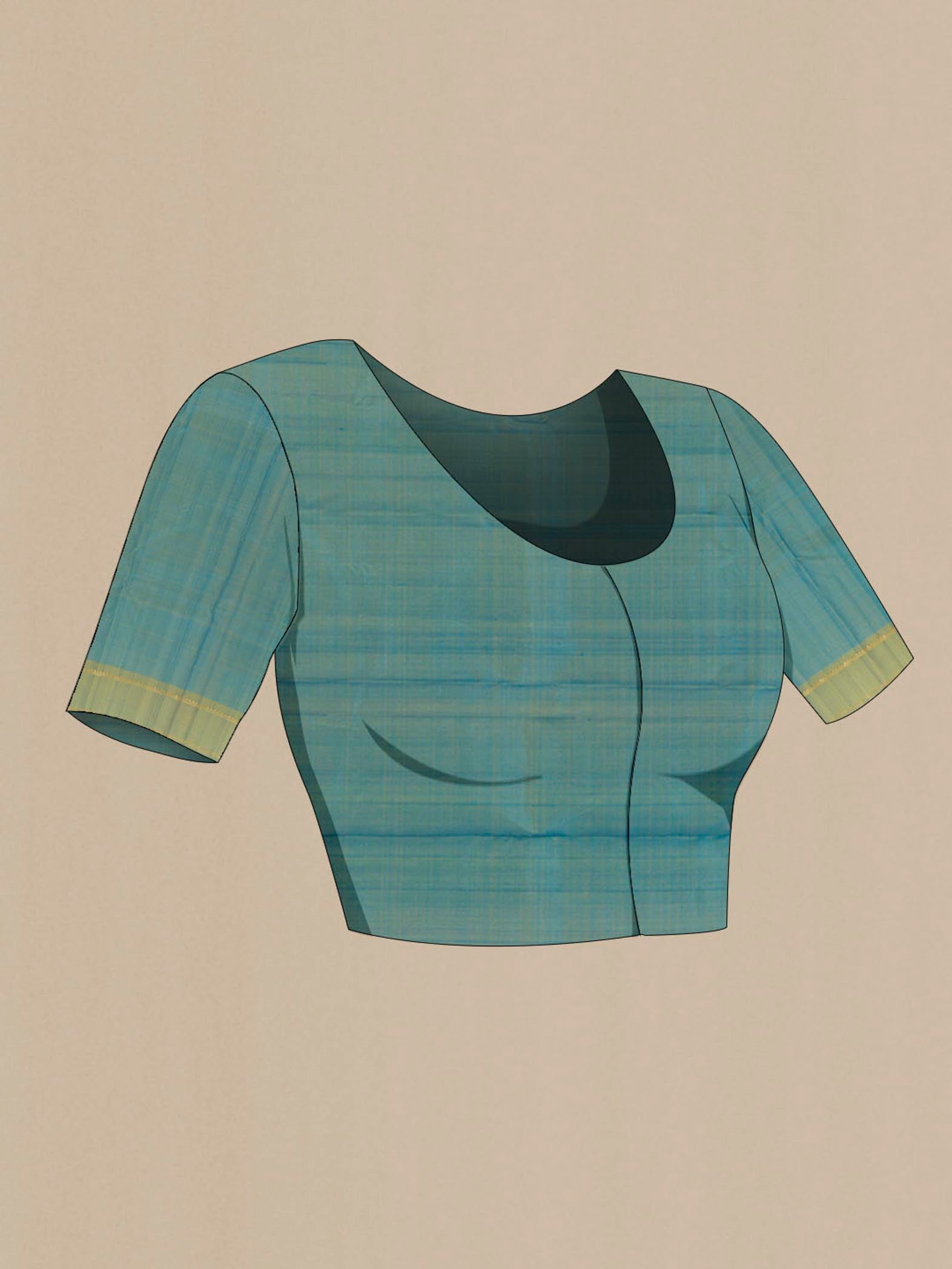 Close up image of the blouse of Blue Kanchipuram Silk Saree with Zari Butta on the body and Zari Border. 