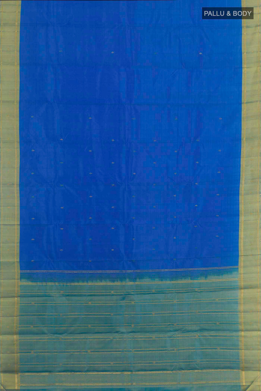 Flat view of Blue Kanchipuram Silk Saree with Zari Butta on the body and Zari Border. 
