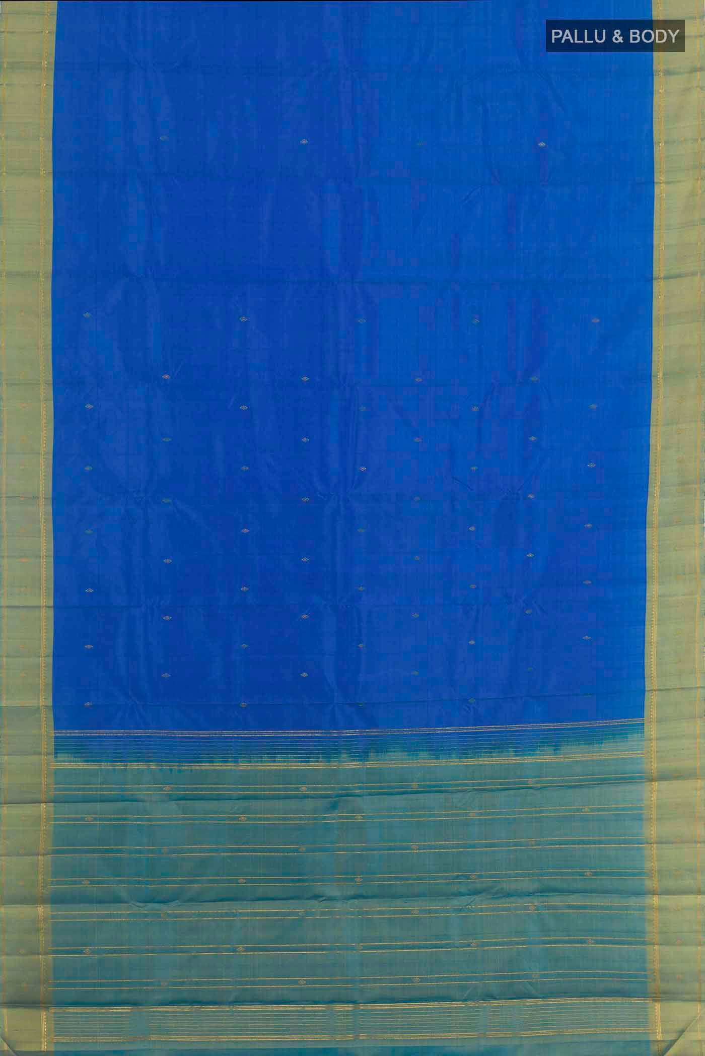 Flat view of Blue Kanchipuram Silk Saree with Zari Butta on the body and Zari Border. 