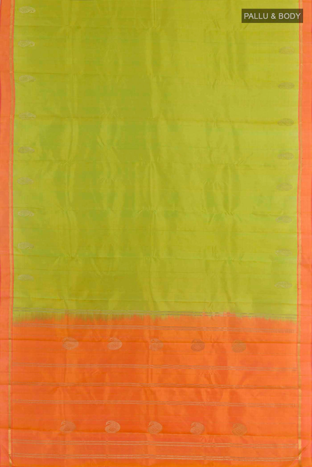 Flat view of Green Kanchipuram Silk Saree with Zari Butta on the body and Zari Border. 