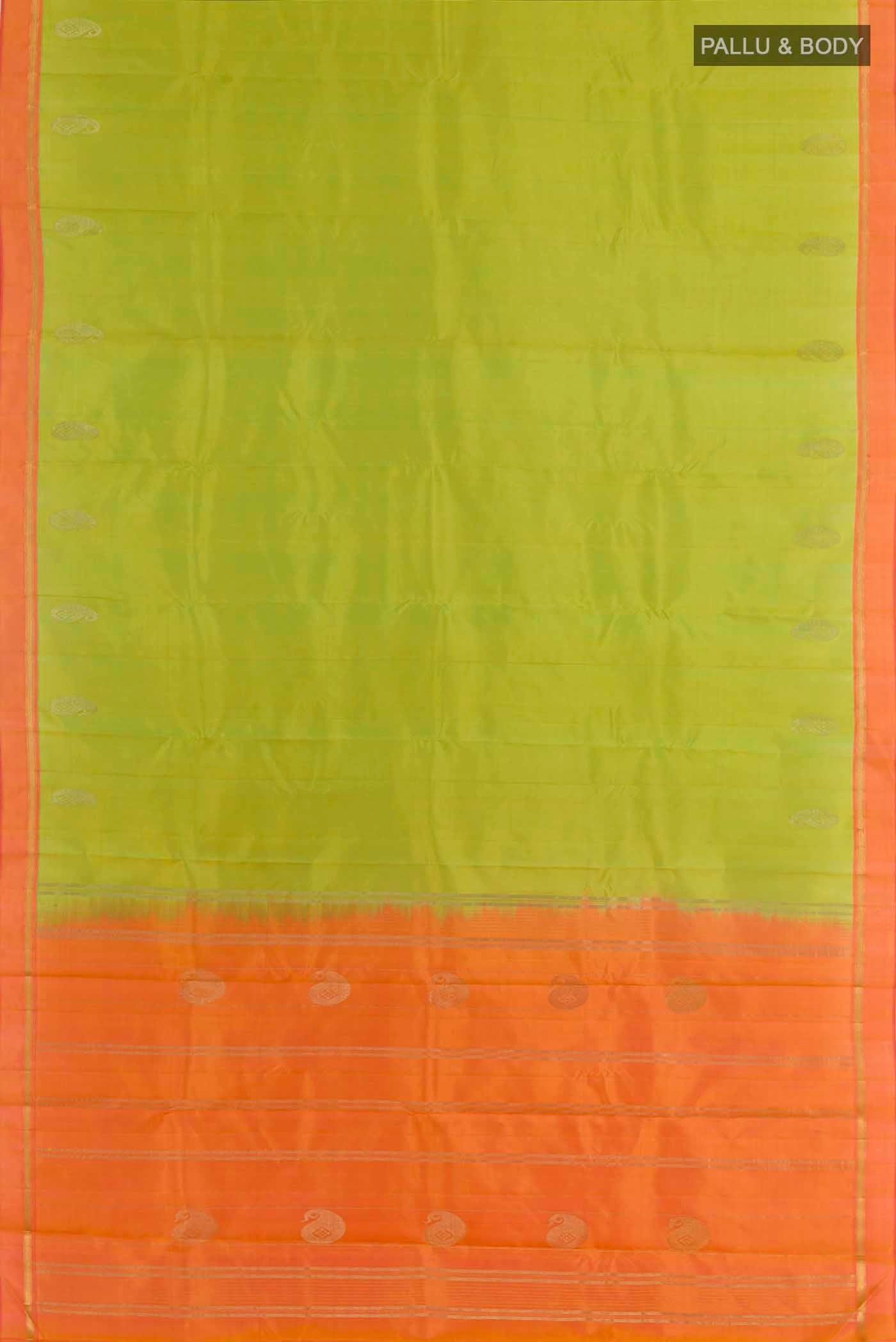 Flat view of Green Kanchipuram Silk Saree with Zari Butta on the body and Zari Border. 