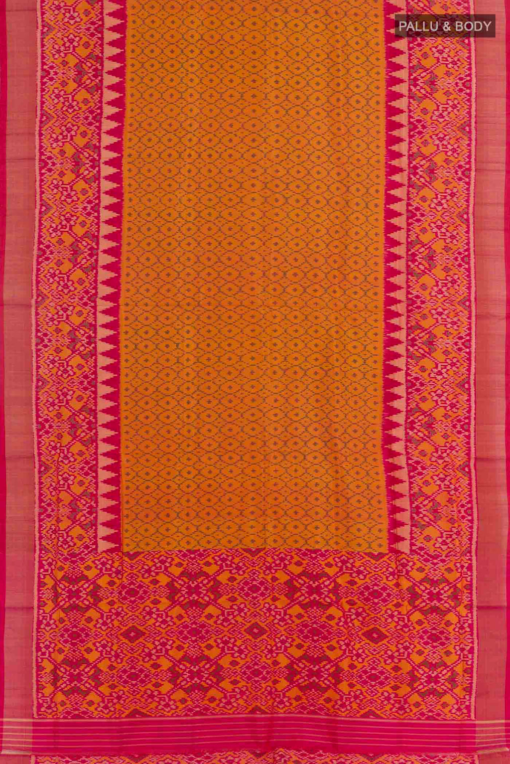 Flat view of Mustard Rajkot Patola Silk Saree with Ikat design on the body and Zari Border. 