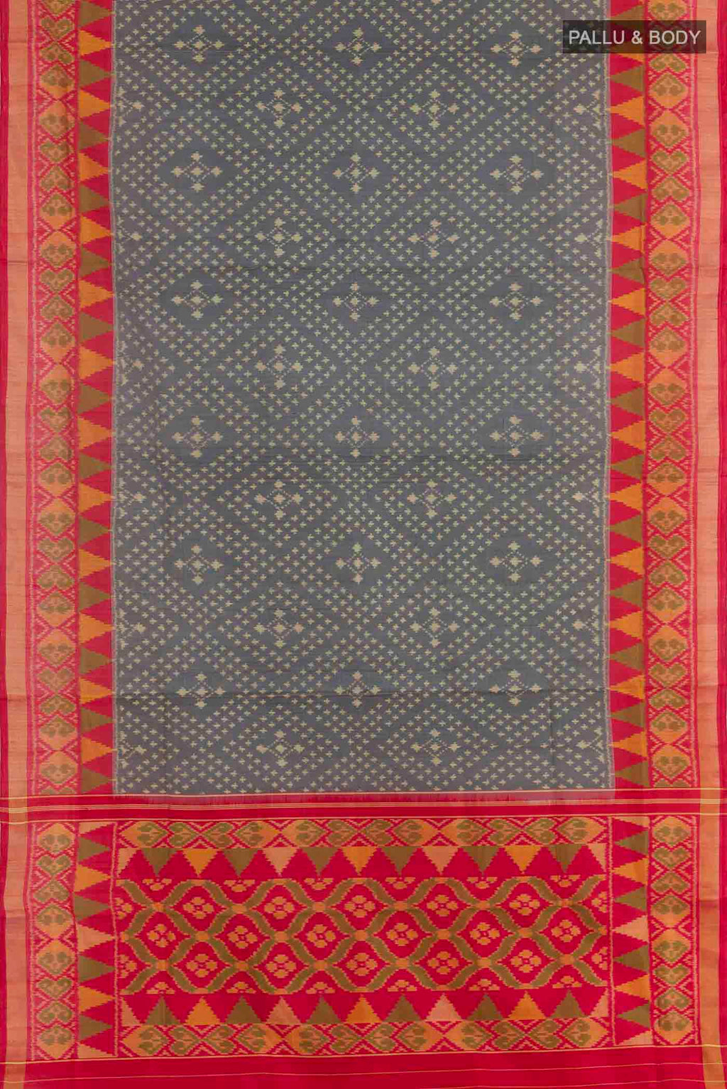 Flat view of Grey Rajkot Patola Silk Saree with Ikat design on the body and Zari Border. 