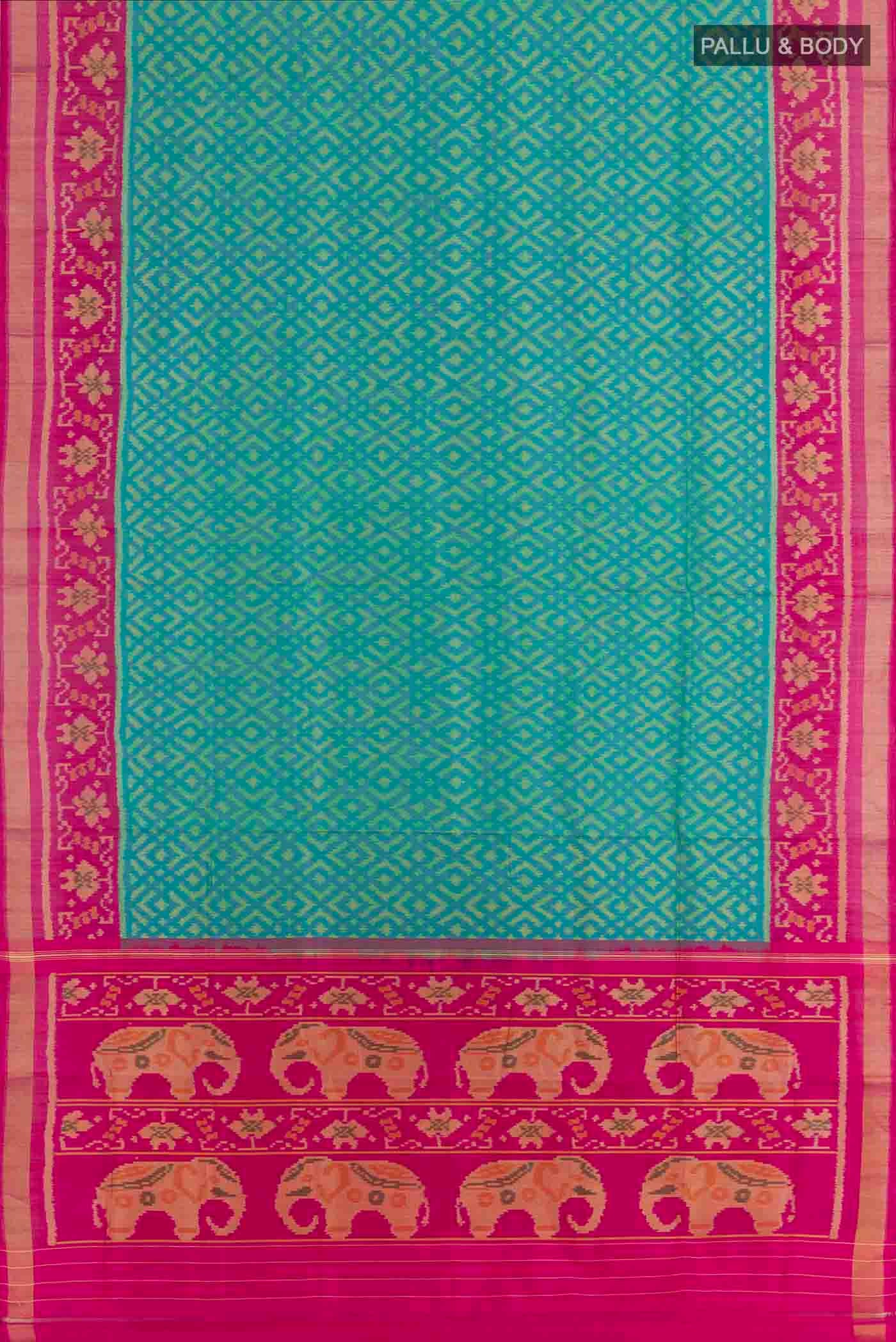 Flat view of Green Rajkot Patola Silk Saree with Pure Ikat on the body and Zari Border. 