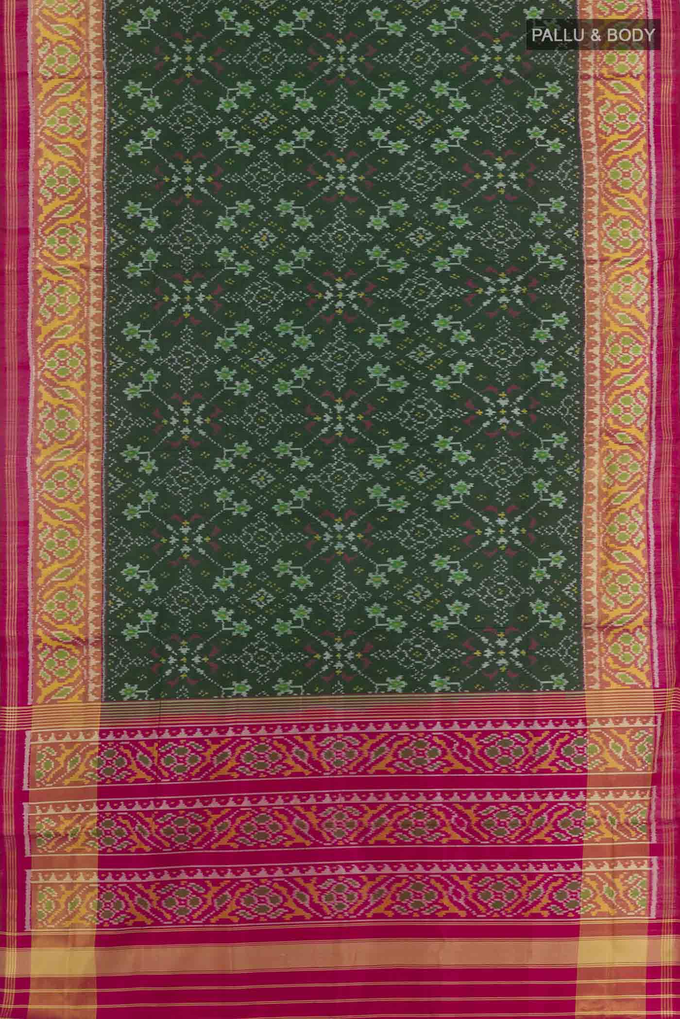 Flat view of Bottle Green Rajkot Patola Silk Saree with Ikat design on the body and Zari Border. 