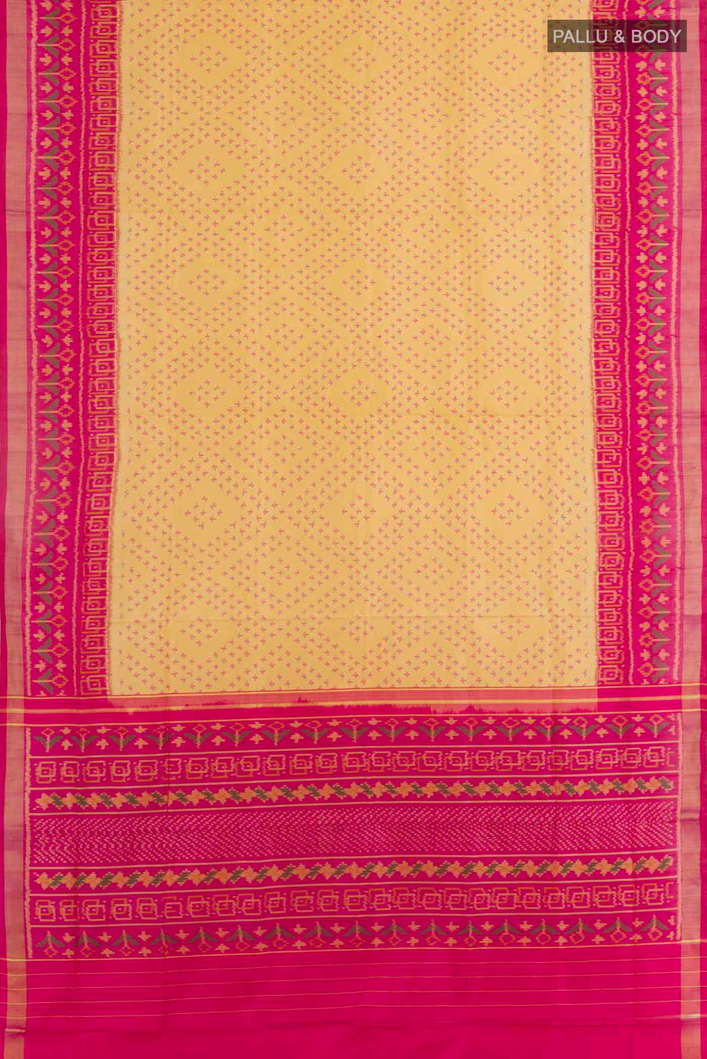 Flat view of Lemon Yellow Rajkot Patola Silk Saree with Ikat design on the body and Zari Border. 