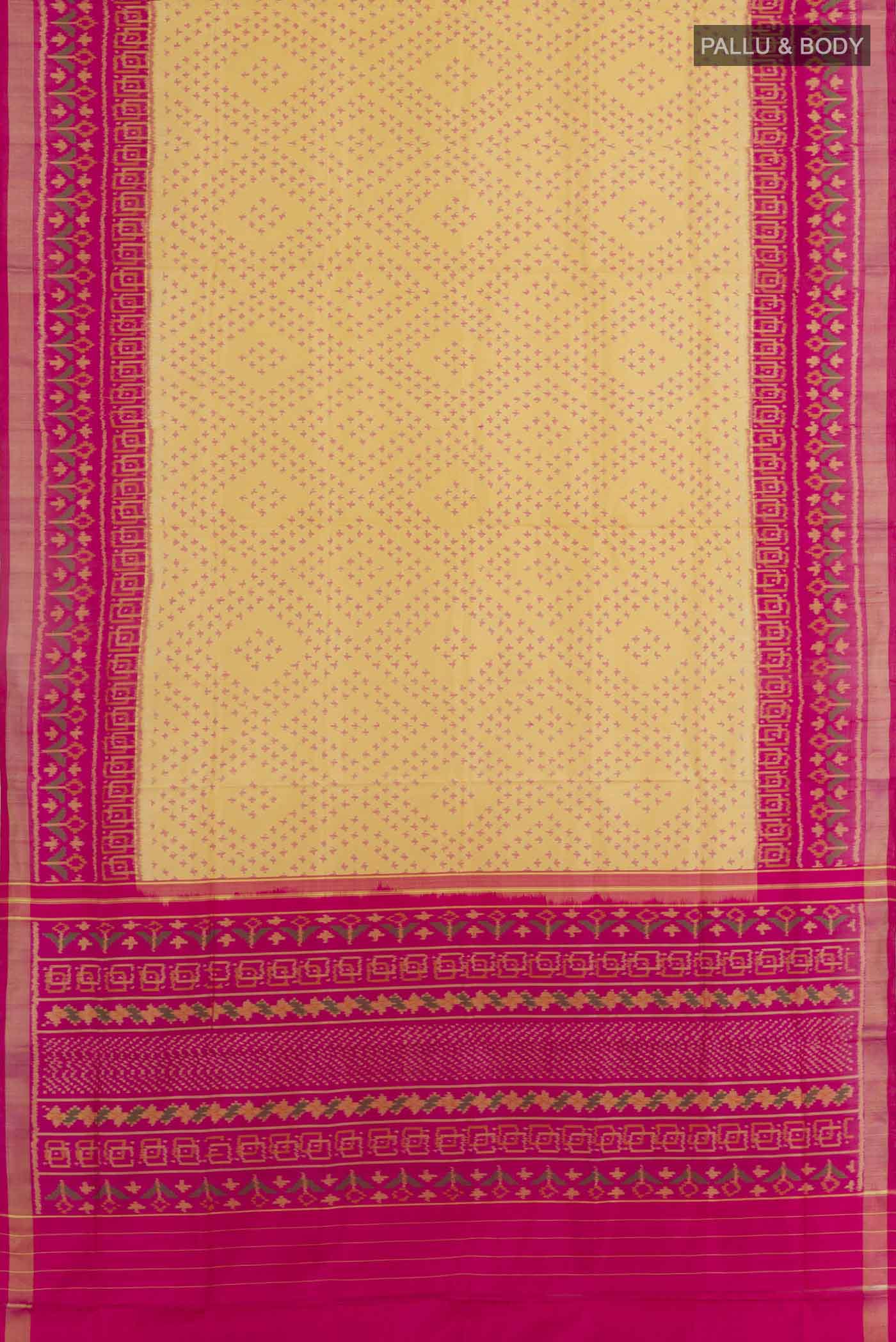 Flat view of Lemon Yellow Rajkot Patola Silk Saree with Ikat design on the body and Zari Border. 