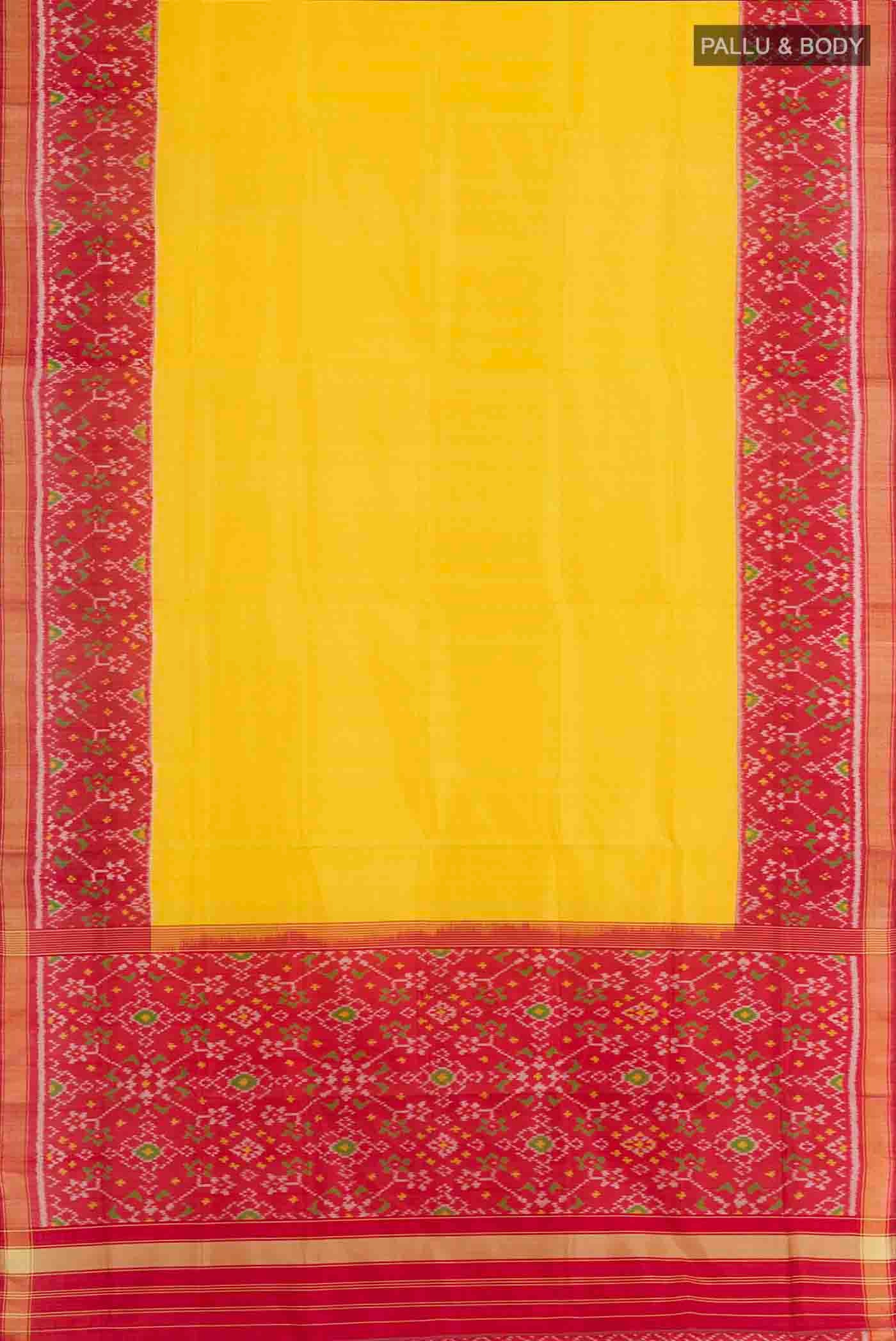 Flat view of Yellow Rajkot Patola Silk Saree with Pure Ikat on the body and Zari Border. 