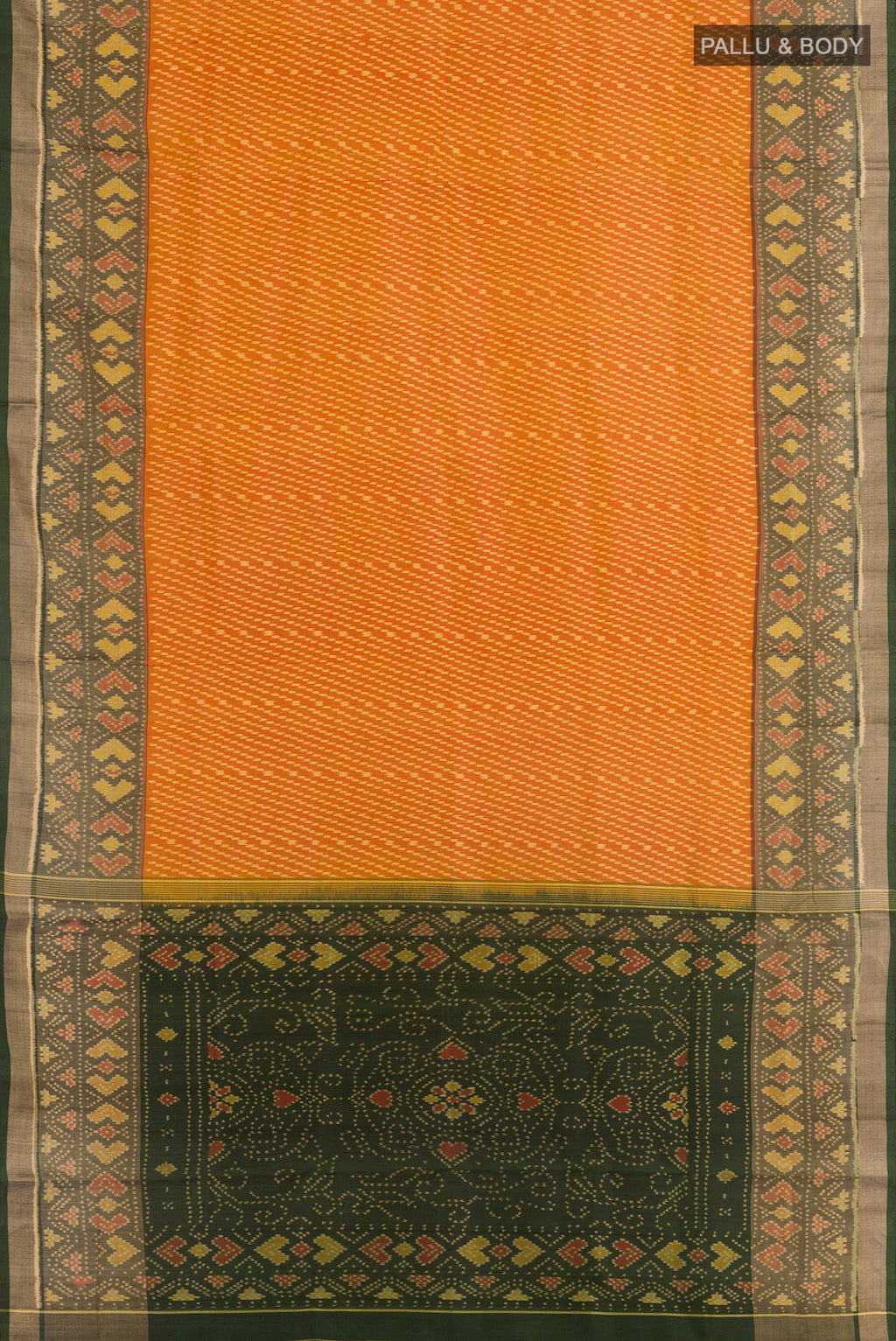Flat view of Yellow Rajkot Patola Silk Saree with Ikat design on the body and Zari Border. 