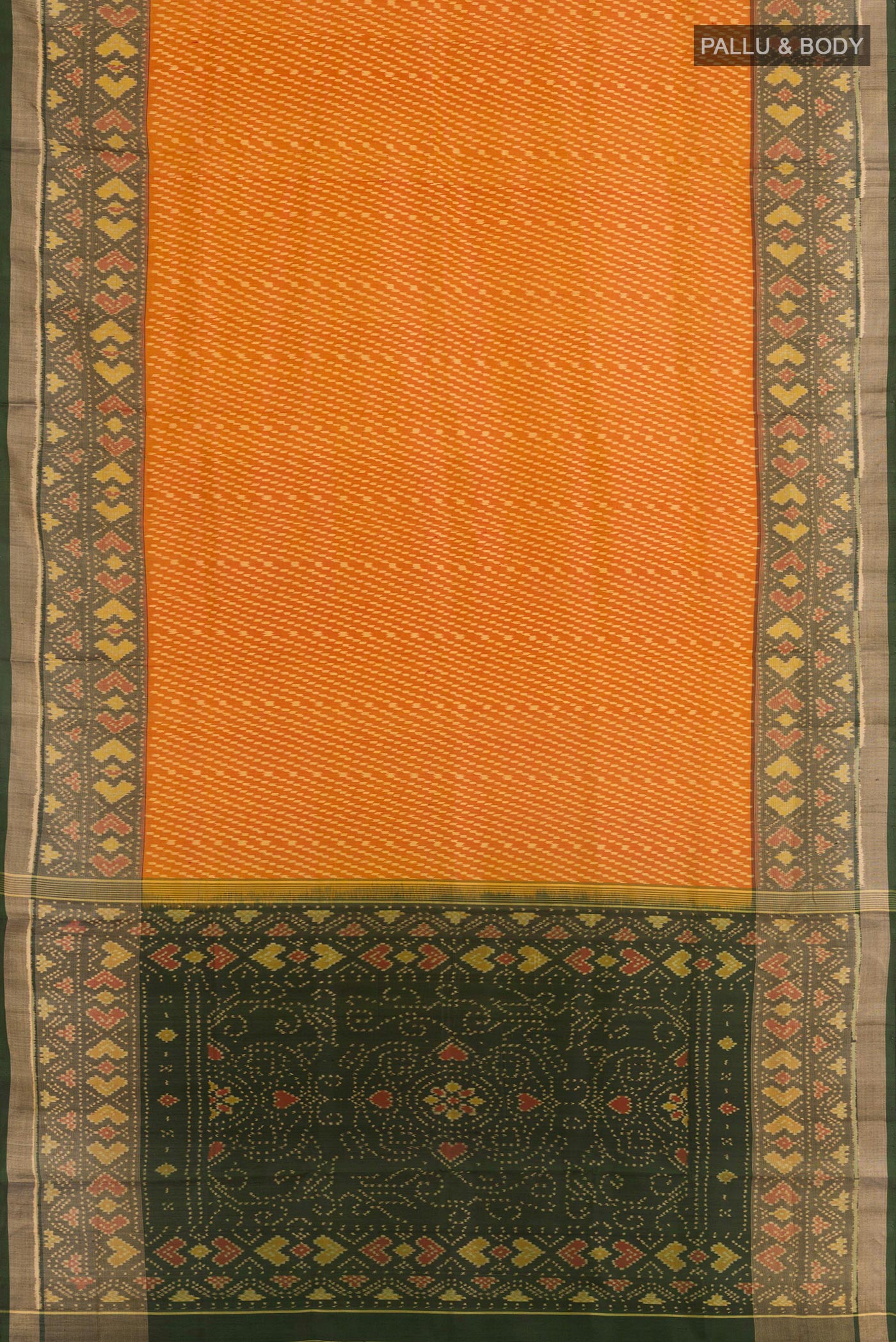 Flat view of Yellow Rajkot Patola Silk Saree with Ikat design on the body and Zari Border. 
