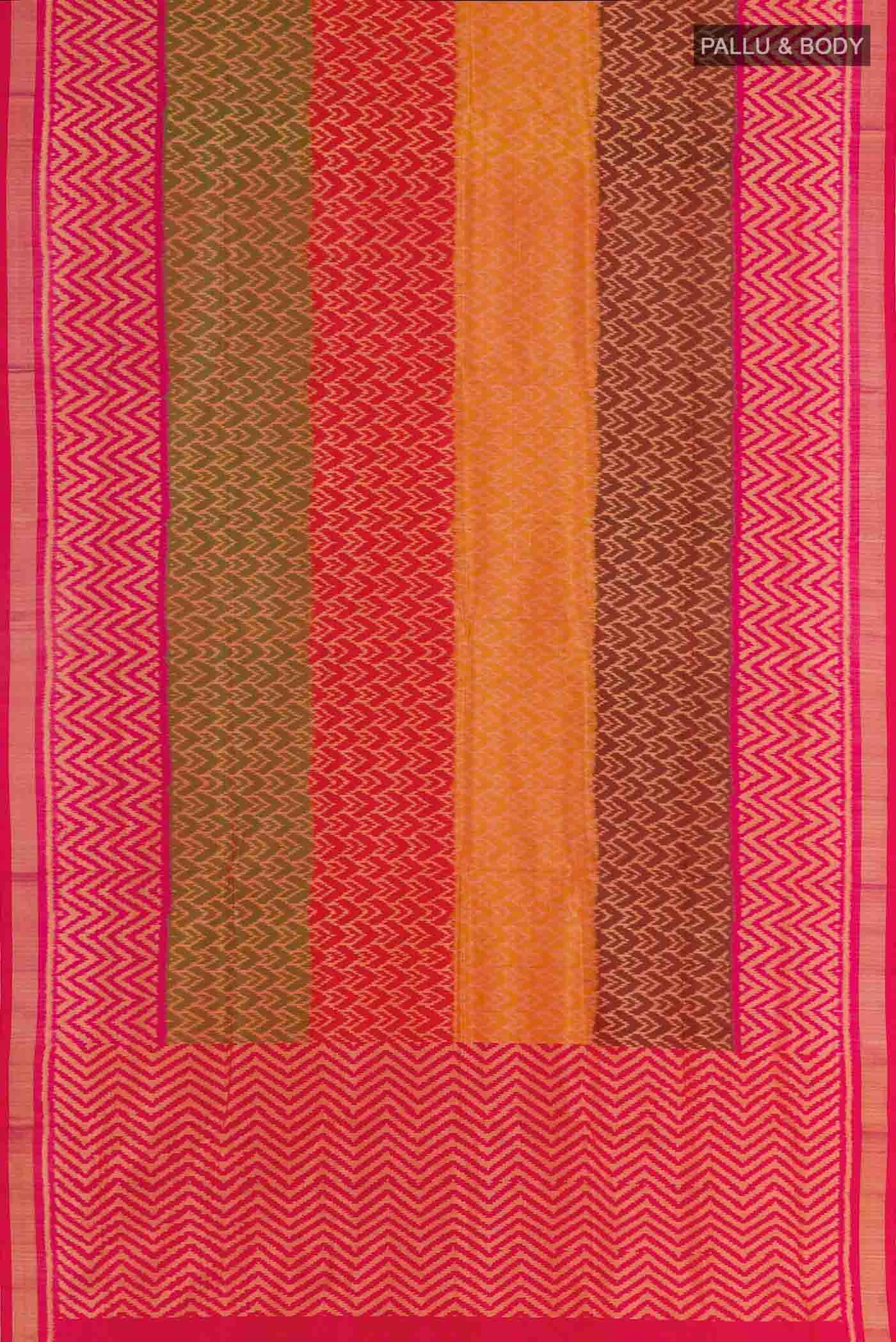 Flat view of Multi Color Rajkot Patola Silk Saree with Pure Ikat on the body and Zari Border. 