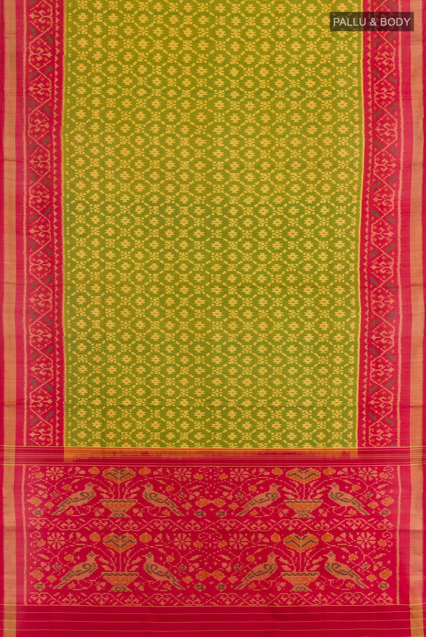 Flat view of Green Rajkot Patola Silk Saree with Ikat design on the body and Zari Border. 