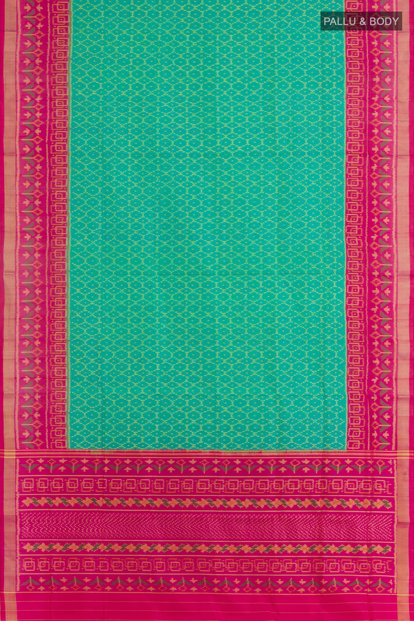 Flat view of Green Rajkot Patola Silk Saree with Ikat design on the body and Zari Border. 