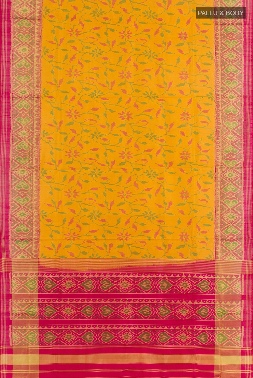 Flat view of Yellow Rajkot Patola Silk Saree with Ikat design on the body and Zari Border. 