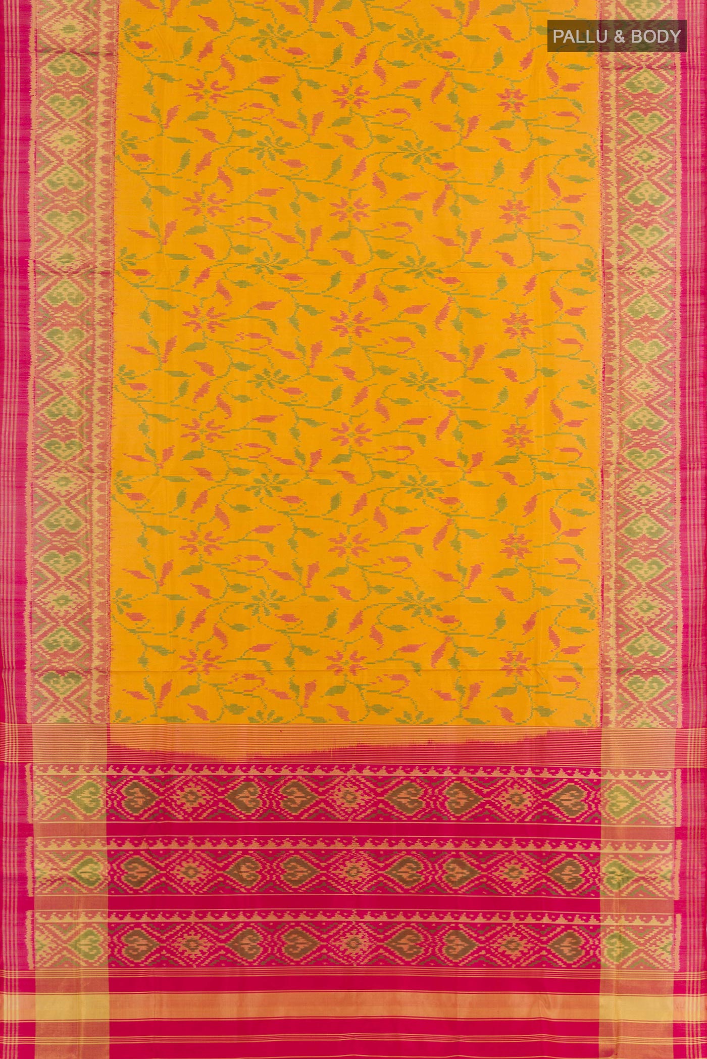 Flat view of Yellow Rajkot Patola Silk Saree with Ikat design on the body and Zari Border. 