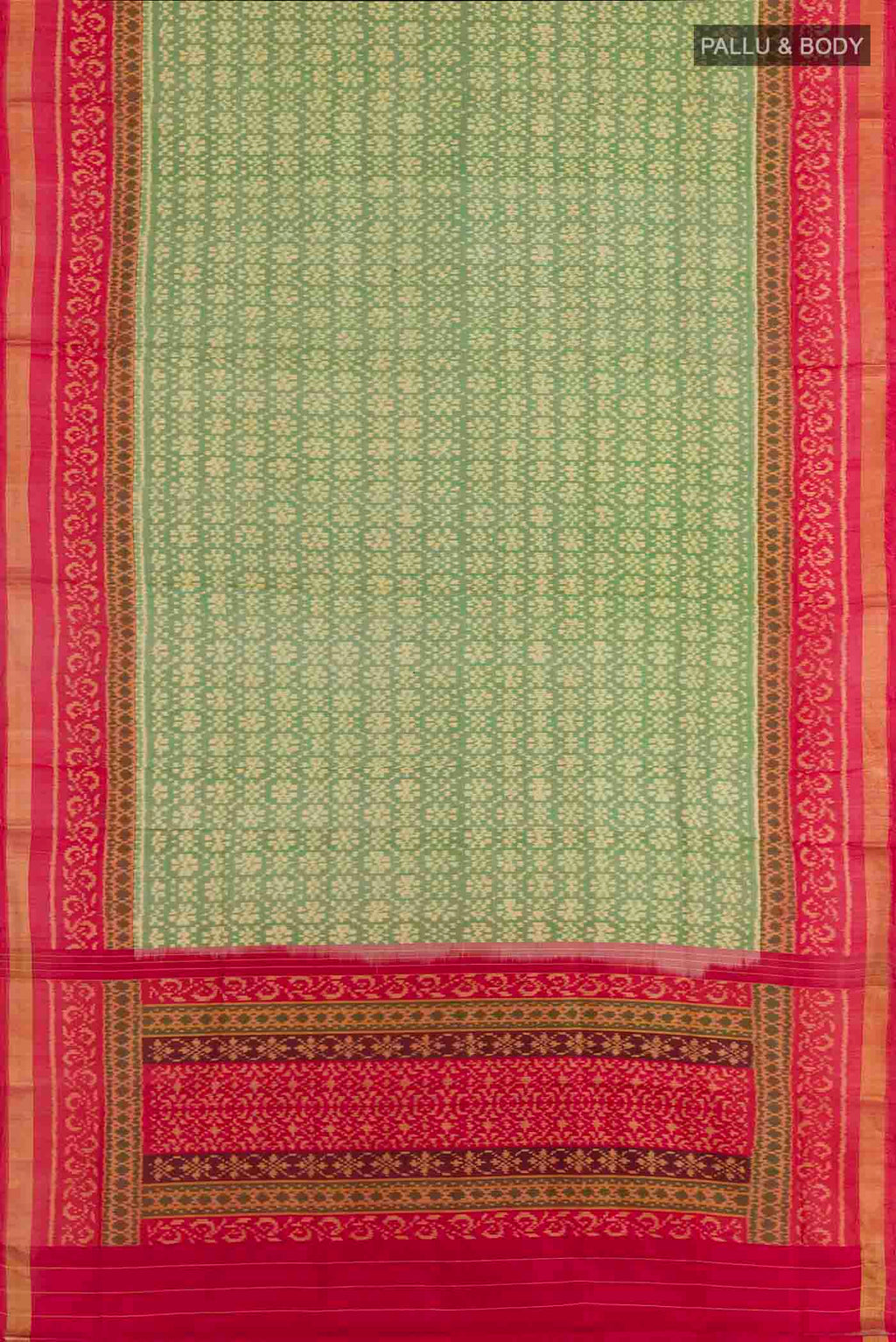 Flat view of Green Rajkot Patola Silk Saree with Pure Ikat on the body and Zari Border. 