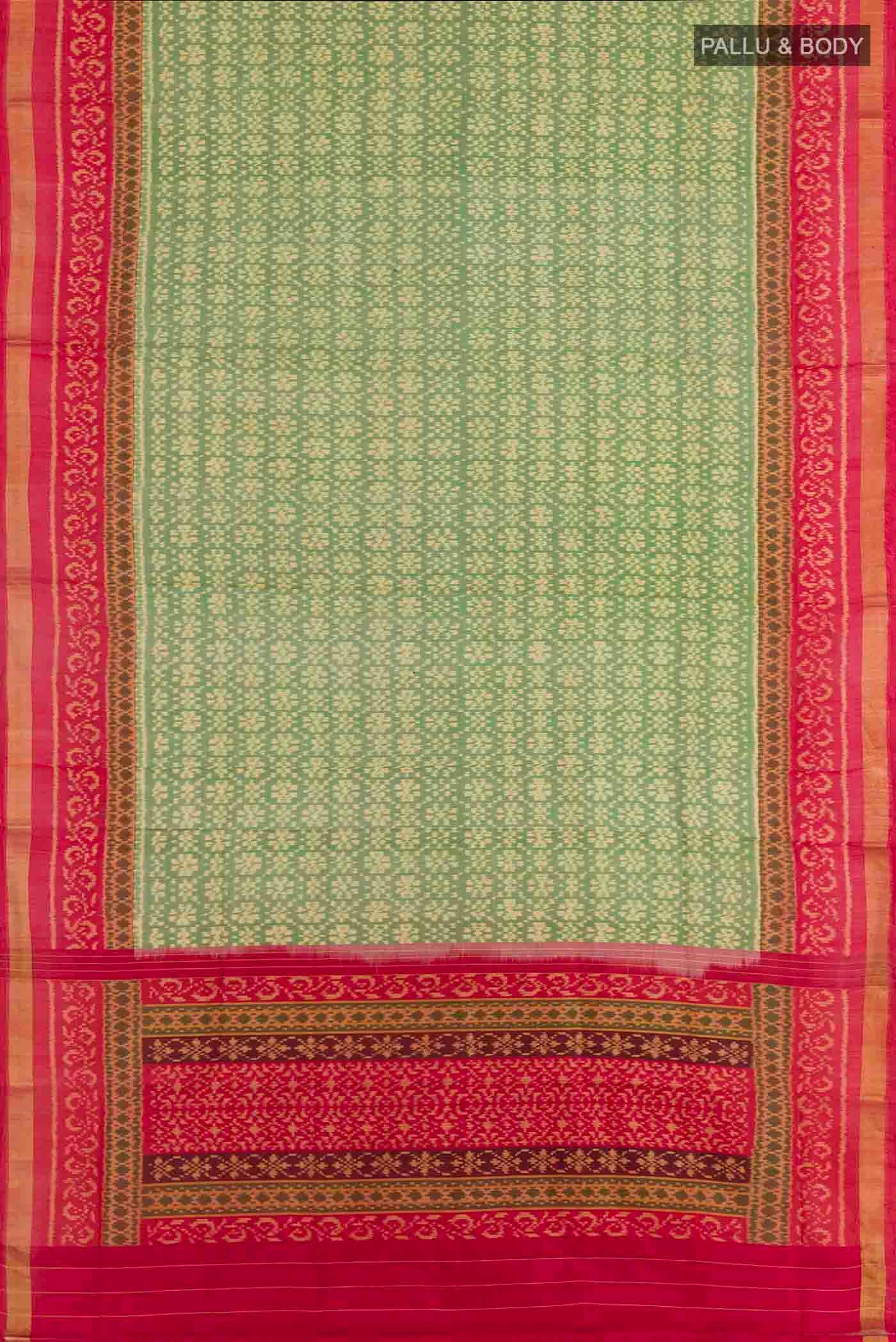 Flat view of Green Rajkot Patola Silk Saree with Pure Ikat on the body and Zari Border. 