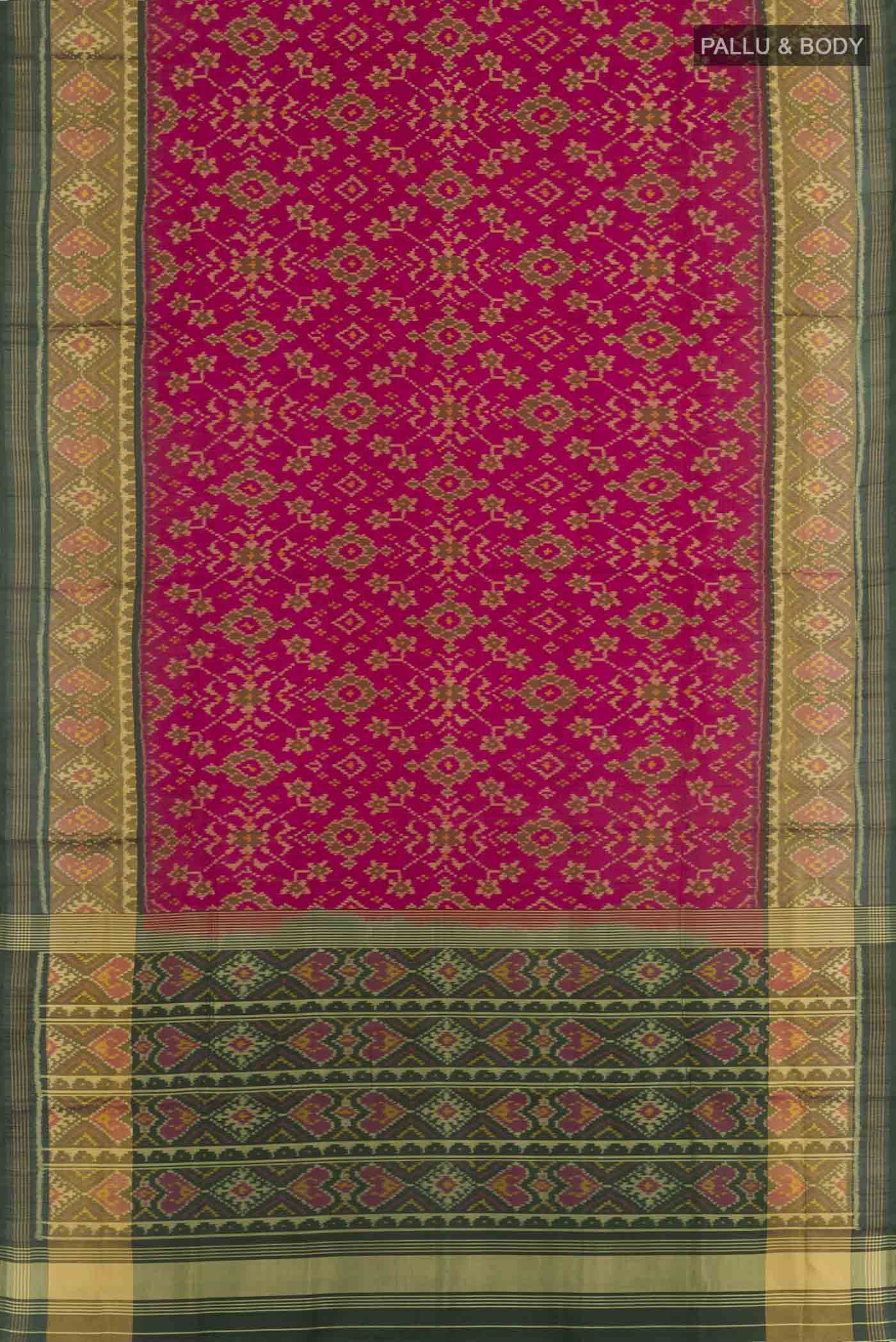 Flat view of Pink Rajkot Patola Silk Saree with Ikat design on the body and Zari Border. 