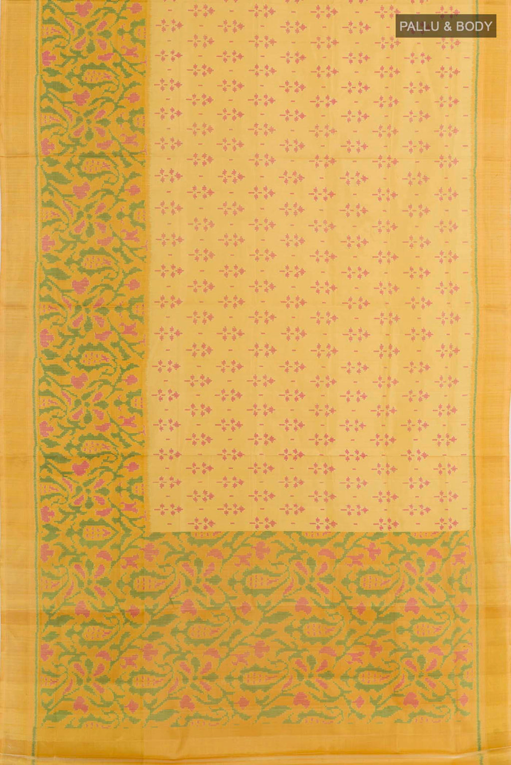 Flat view of Yellow Rajkot Patola Silk Saree with Ikat design on the body and Zari Border. 