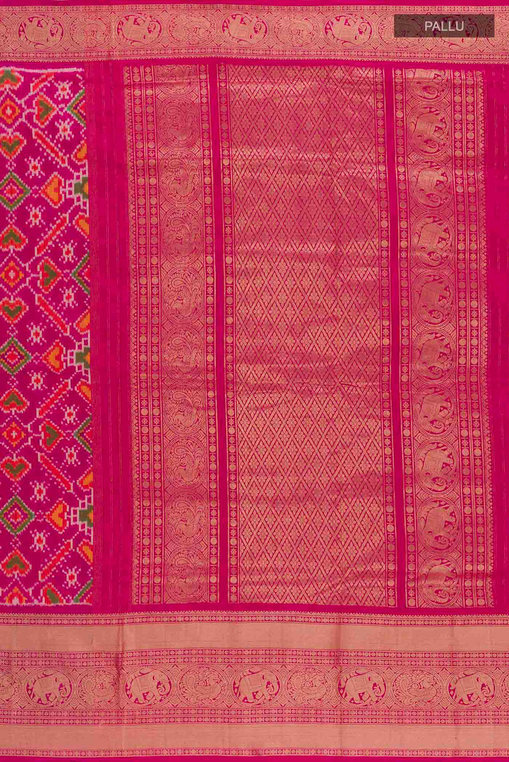 Close up image of the pallu of Rani Pink Rajkot Patola Silk Saree with Pure Ikat on the body and Zari Border. 