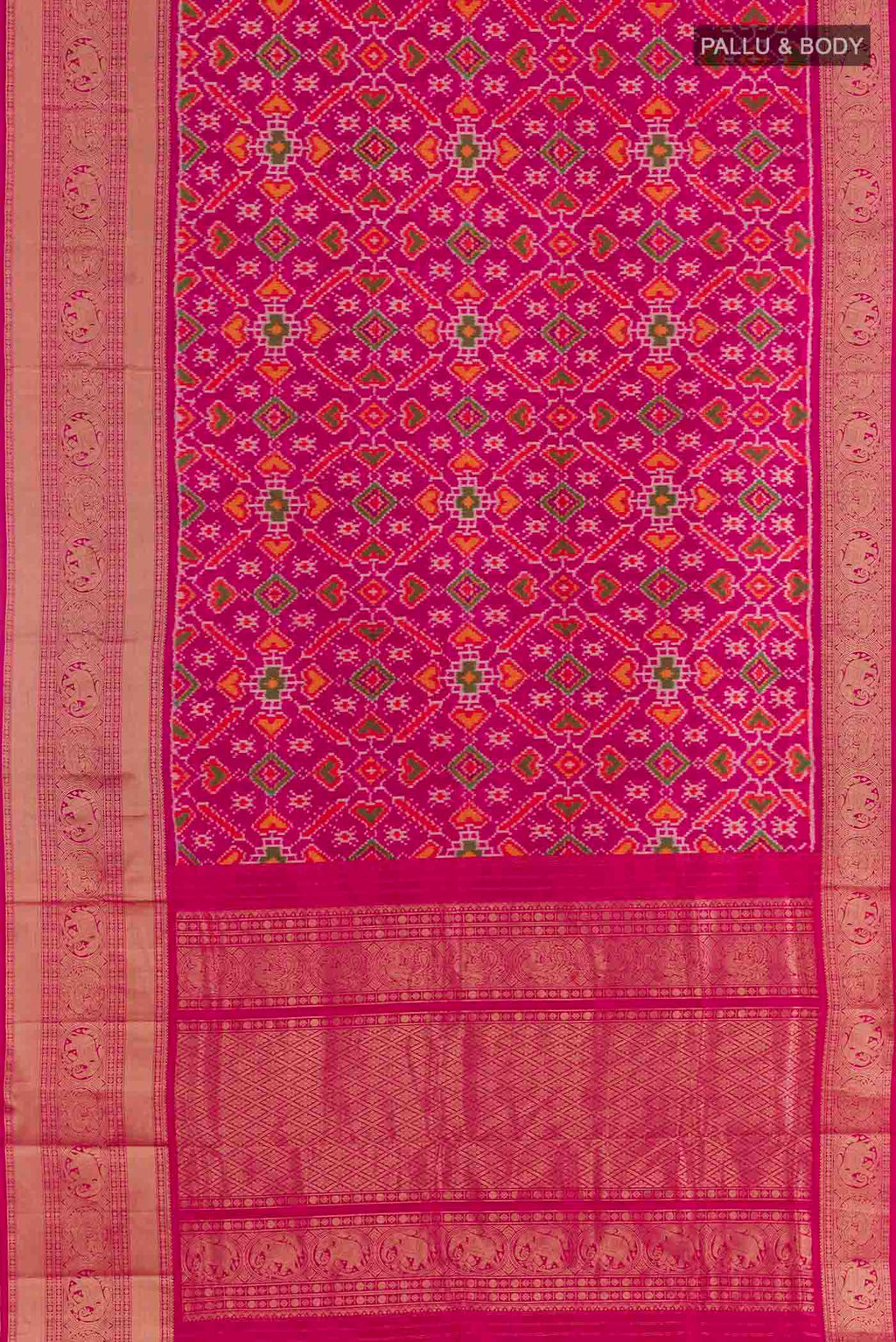 Flat view of Rani Pink Rajkot Patola Silk Saree with Pure Ikat on the body and Zari Border. 