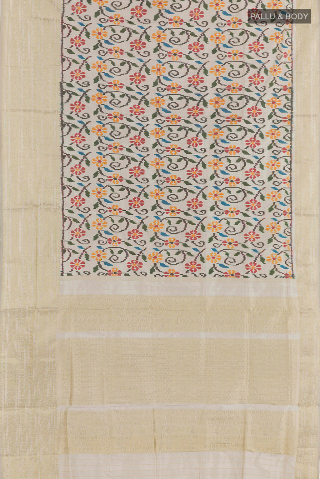 Flat view of Off White Rajkot Patola Silk Saree with Ikat design on the body and Zari Border. 