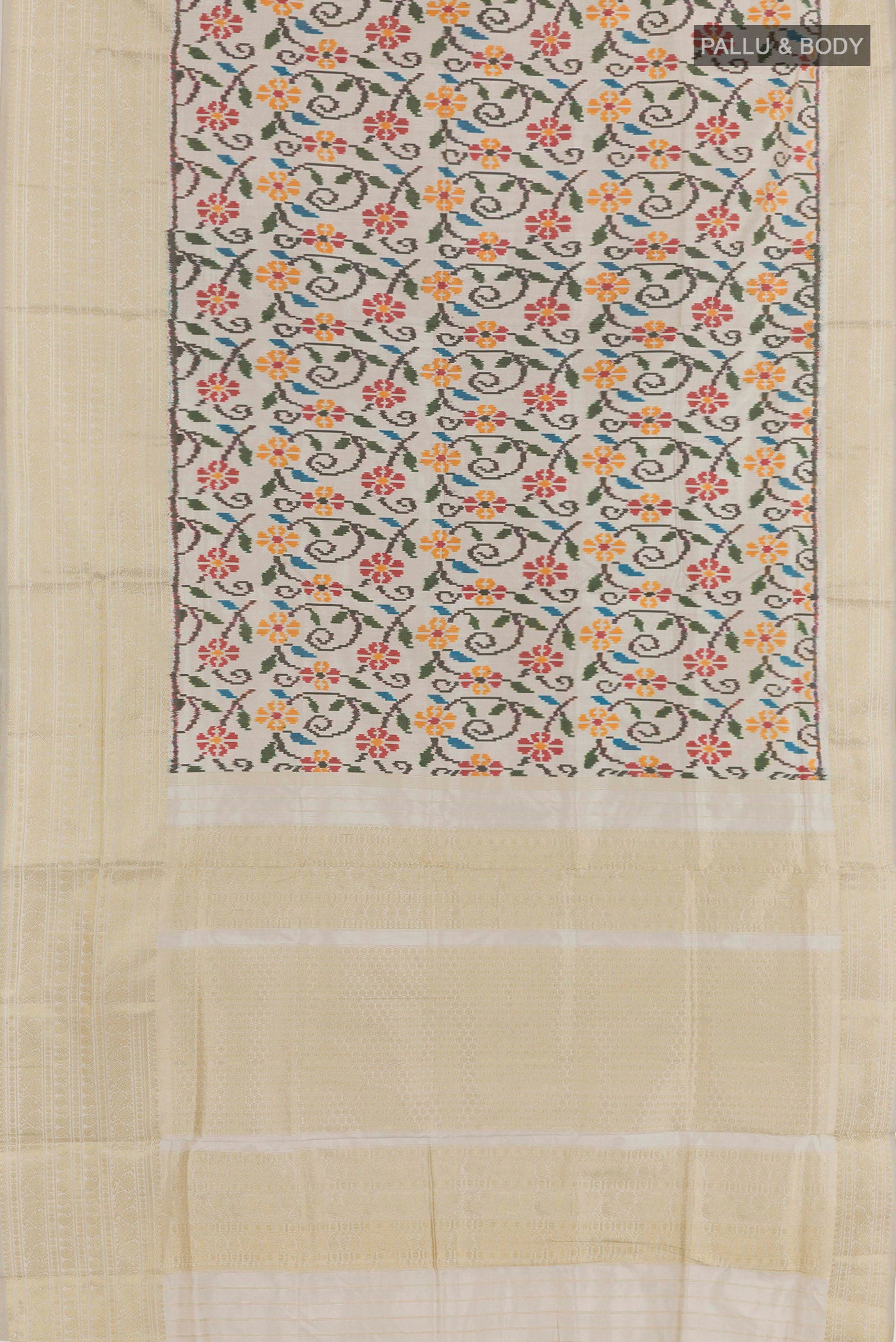 Flat view of Off White Rajkot Patola Silk Saree with Ikat design on the body and Zari Border. 