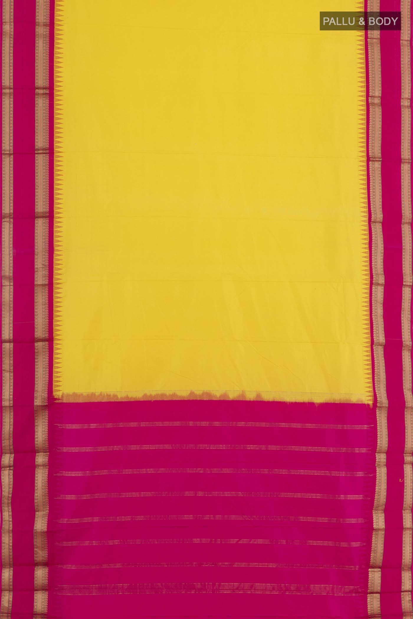 Flat view of Yellow Kanjivaram Silk Saree with Plain Body and Zari Border. 