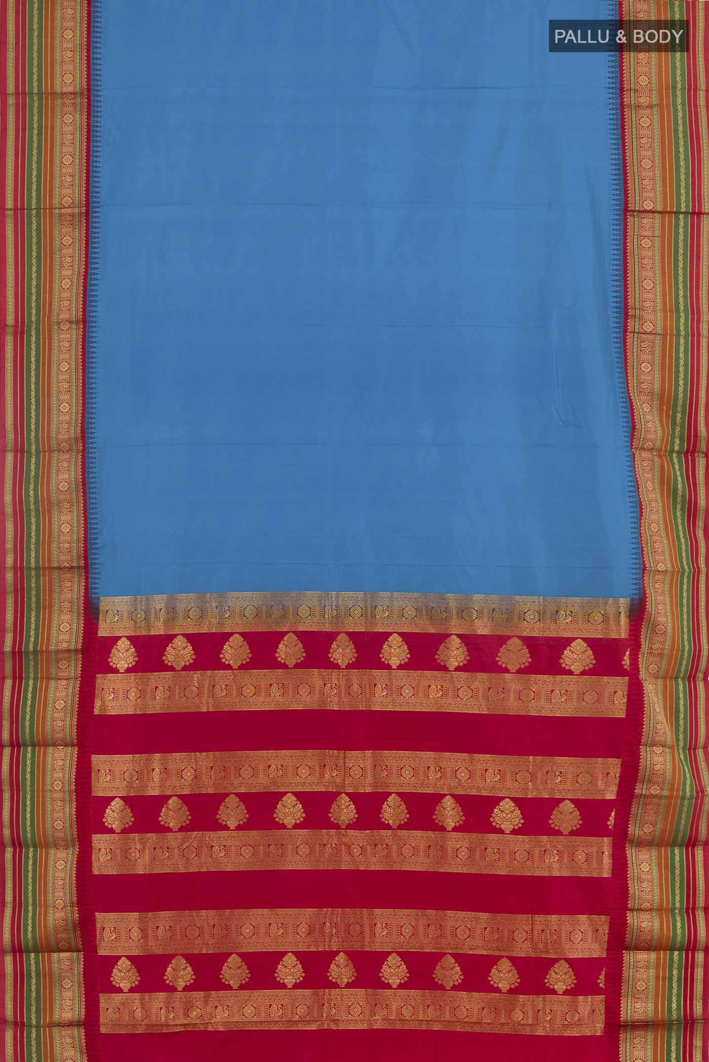 Flat view of Blue Kanjivaram Silk Saree with Plain Body and Zari Border. 