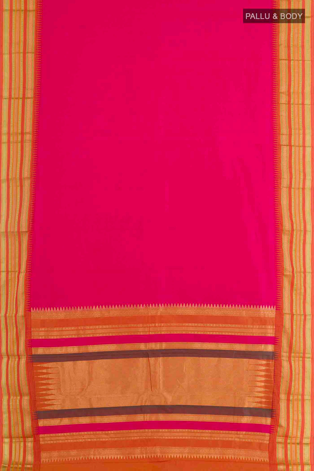 Flat view of Pink Kanjivaram Silk Saree with Plain Body and Zari Border. 