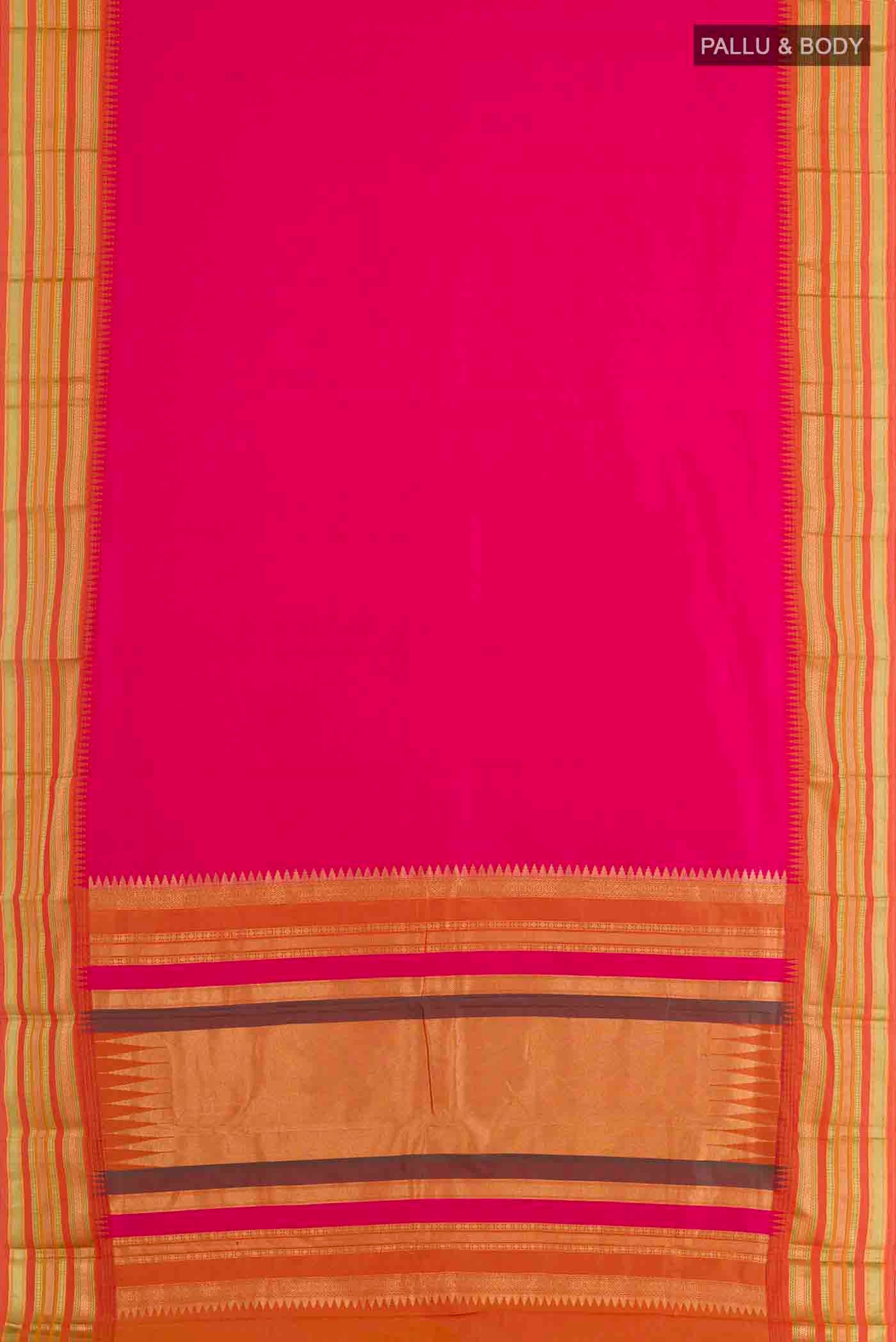 Flat view of Pink Kanjivaram Silk Saree with Plain Body and Zari Border. 