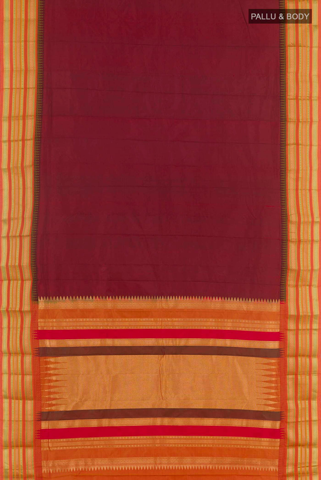 Flat view of Maroon Kanjivaram Silk Saree with Plain Body and Zari Border. 